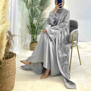 Embroidered Abaya Set – Traditional Lace Embroidery 2-Piece -  Blue / S -  Abaya Vida