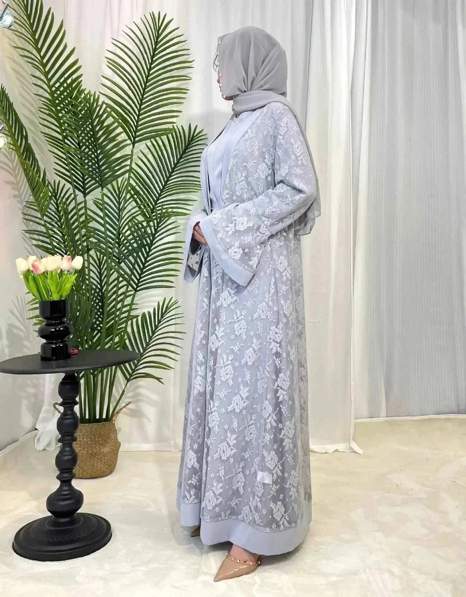 Embroidered Abaya Set – Traditional Lace Embroidery 2-Piece -  Blue / S -  Abaya Vida