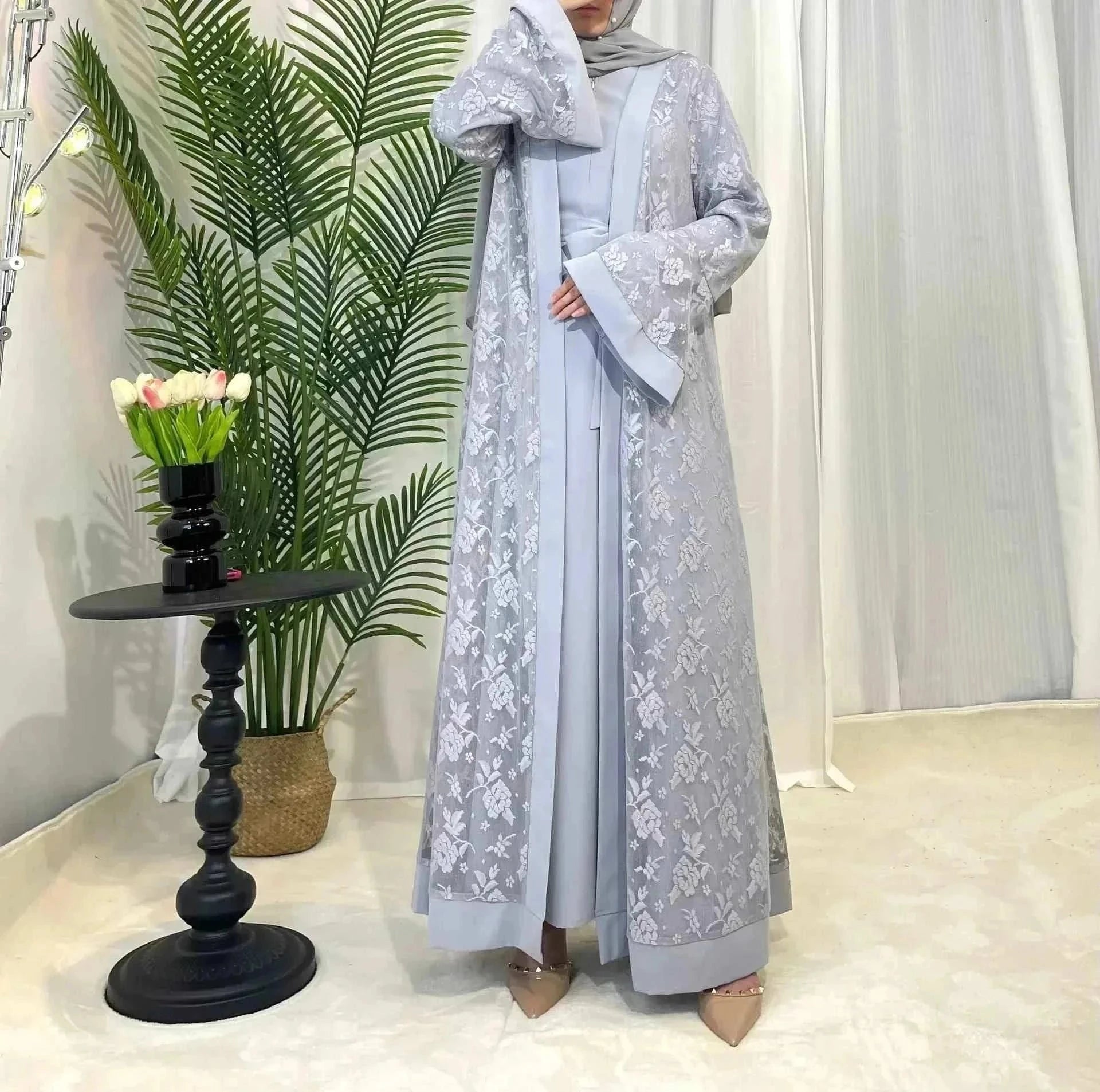Embroidered Abaya Set – Traditional Lace Embroidery 2-Piece -  Blue / S -  Abaya Vida