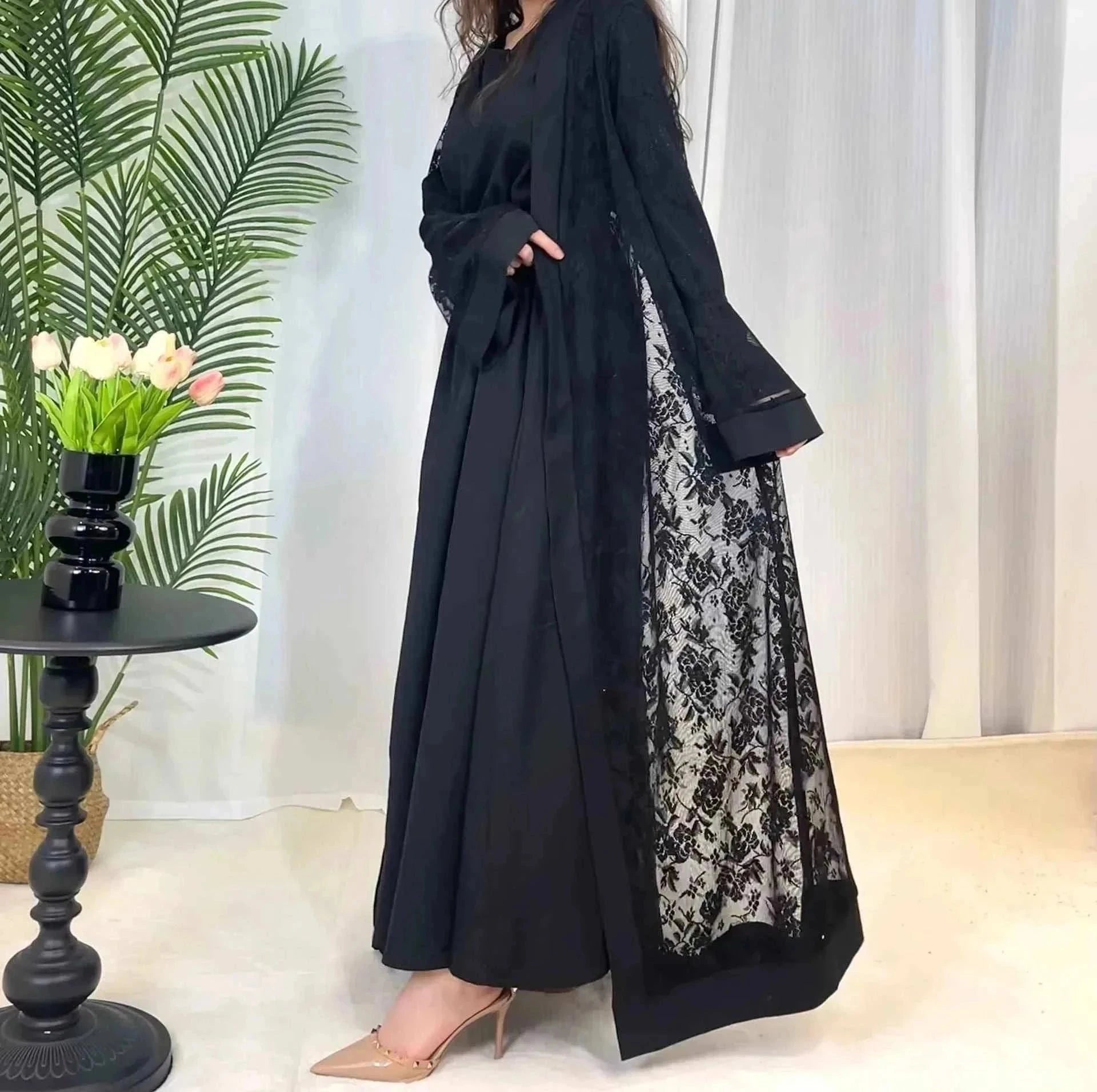 Embroidered Abaya Set – Traditional Lace Embroidery 2-Piece -  Blue / S -  Abaya Vida