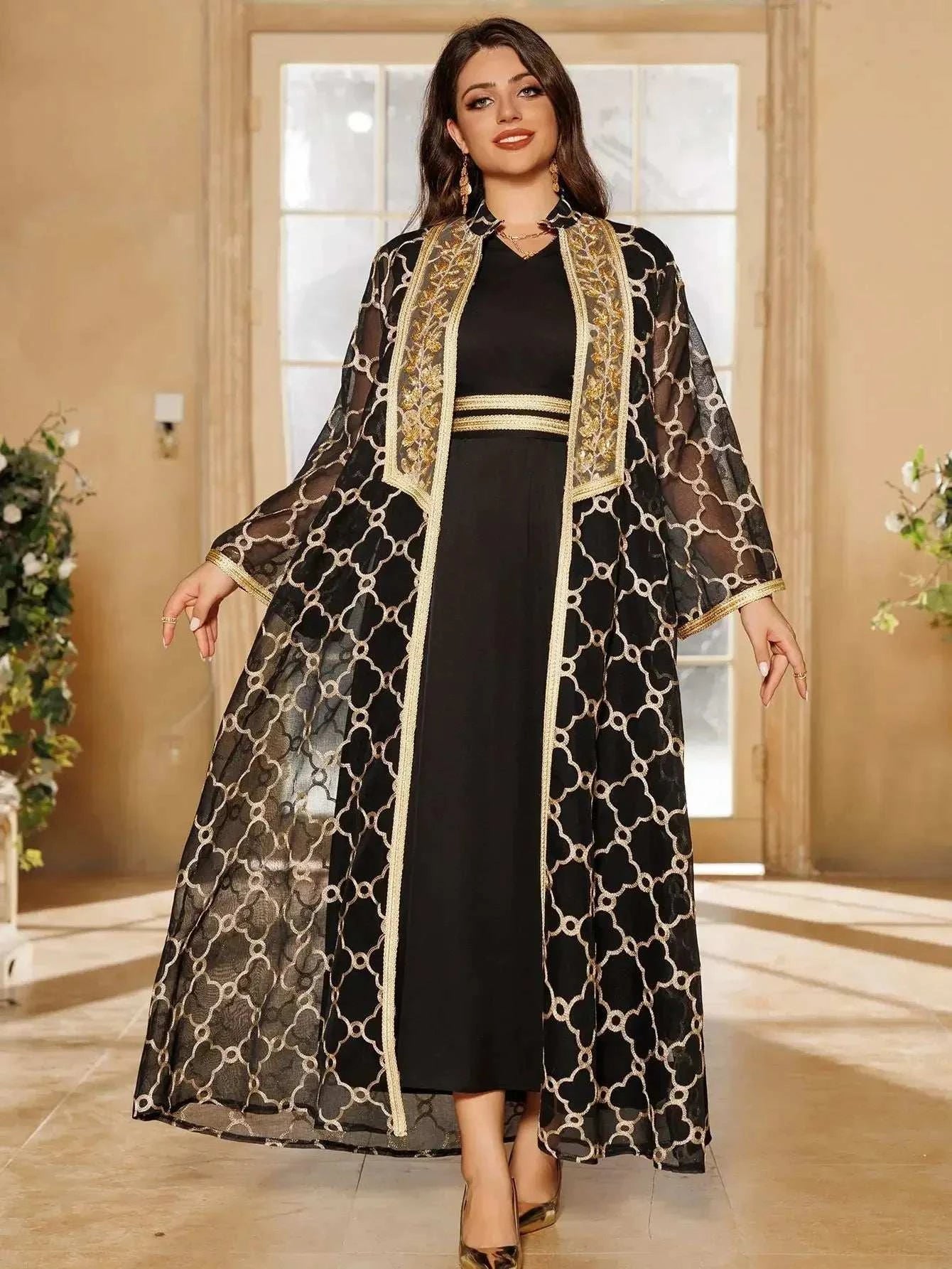 Embroidered Eid Abaya Set – Elegant 2 Piece Party Wear -  Black / S -  Abaya Vida