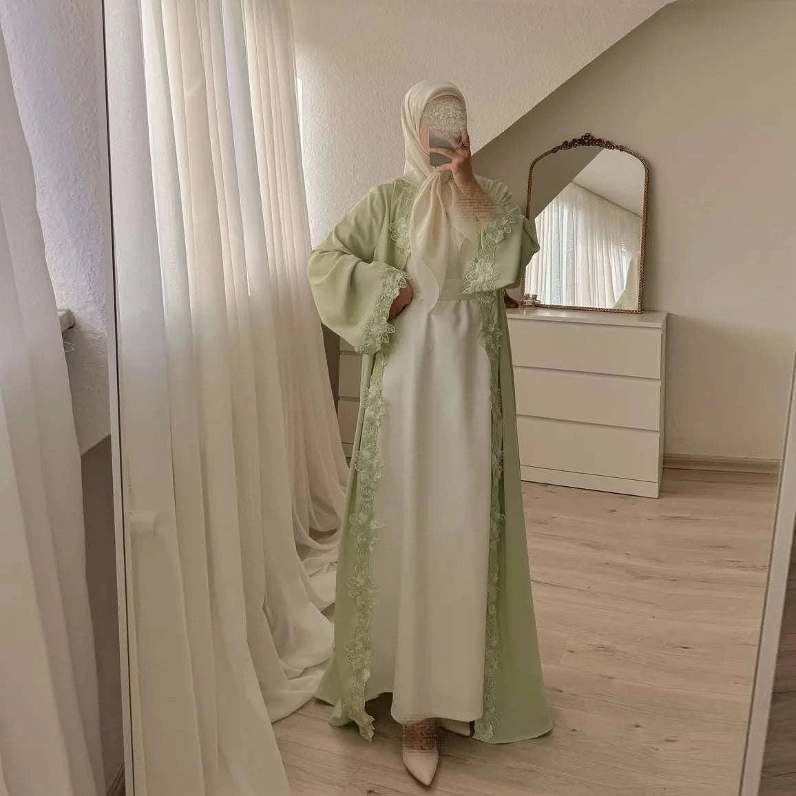 Embroidered Eid Cardigan Robe – Open Front Party Abaya in Green -  S -  Abaya Vida