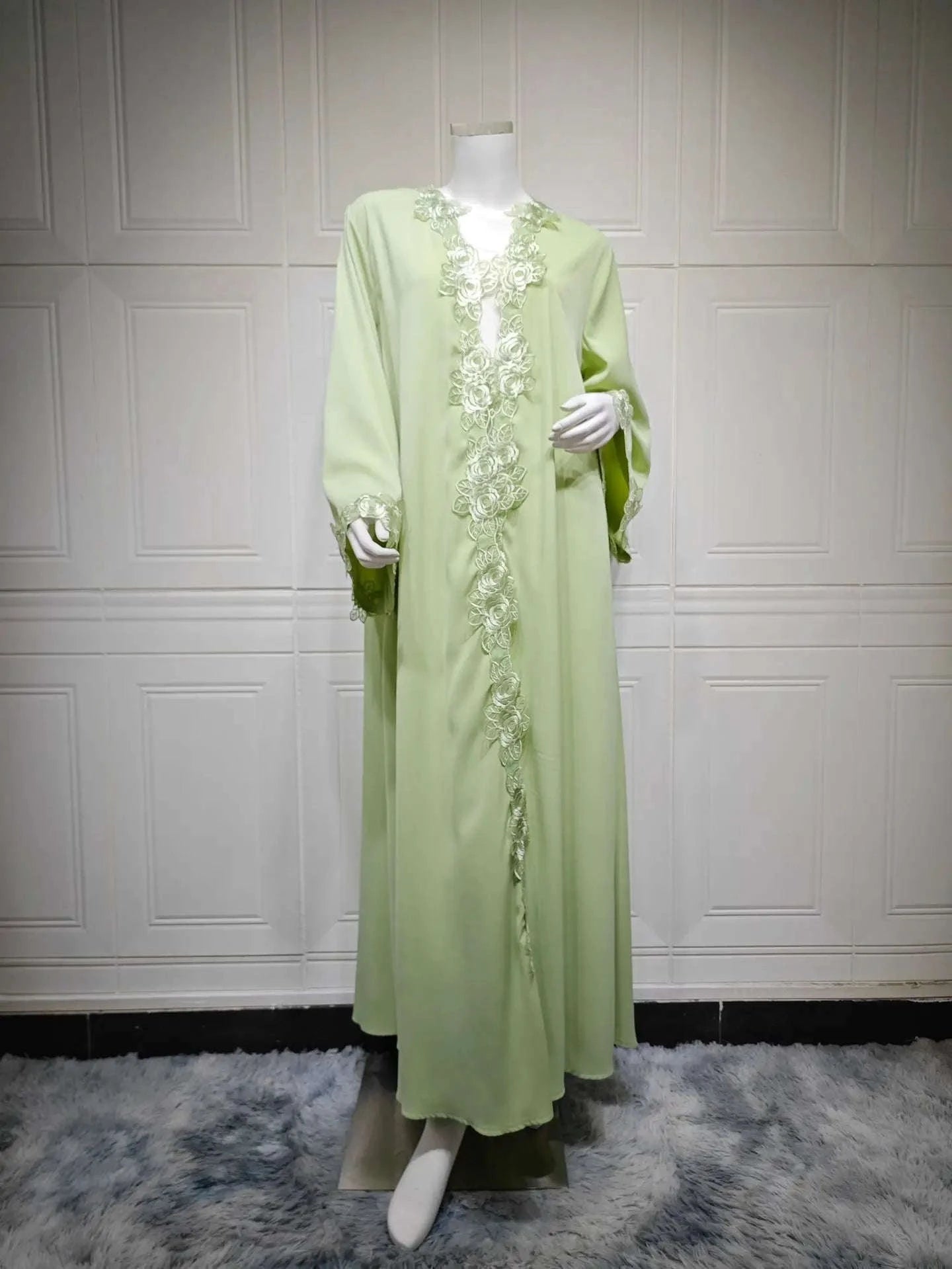 Embroidered Eid Cardigan Robe – Open Front Party Abaya in Green -  S -  Abaya Vida