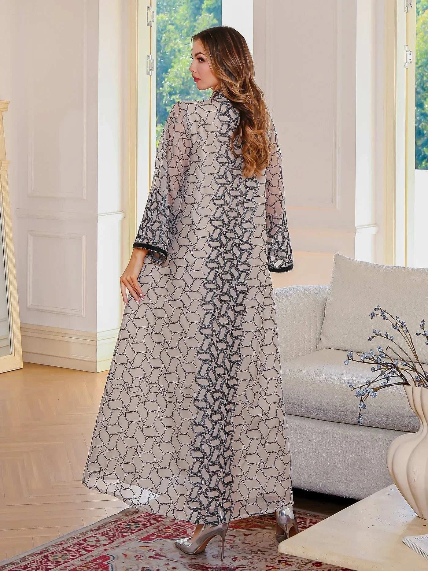 Embroidered Geometric Abaya – Modern Modest Statement Wear -  Blue / M -  Abaya Vida