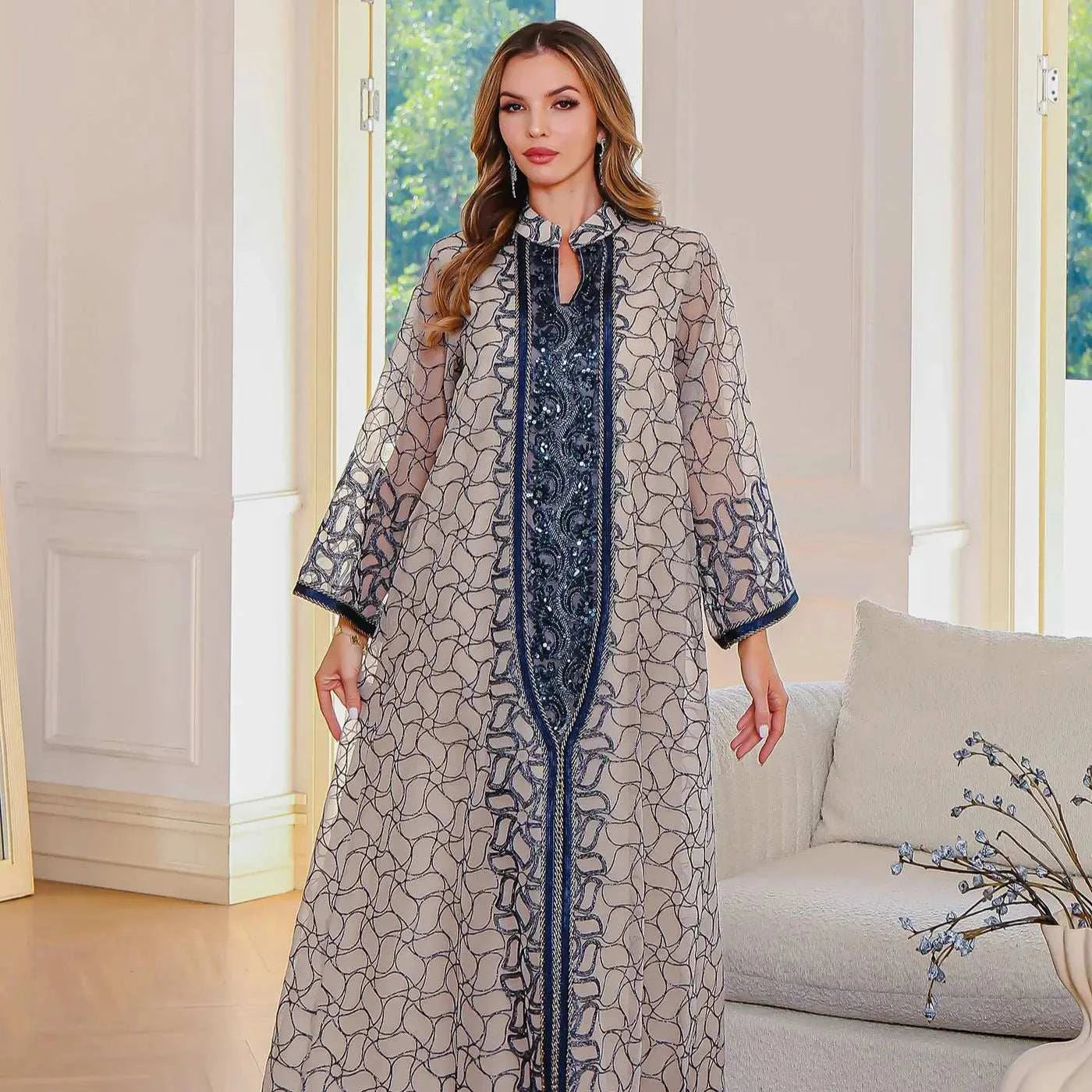 Embroidered Geometric Abaya – Modern Modest Statement Wear -  Blue / M -  Abaya Vida
