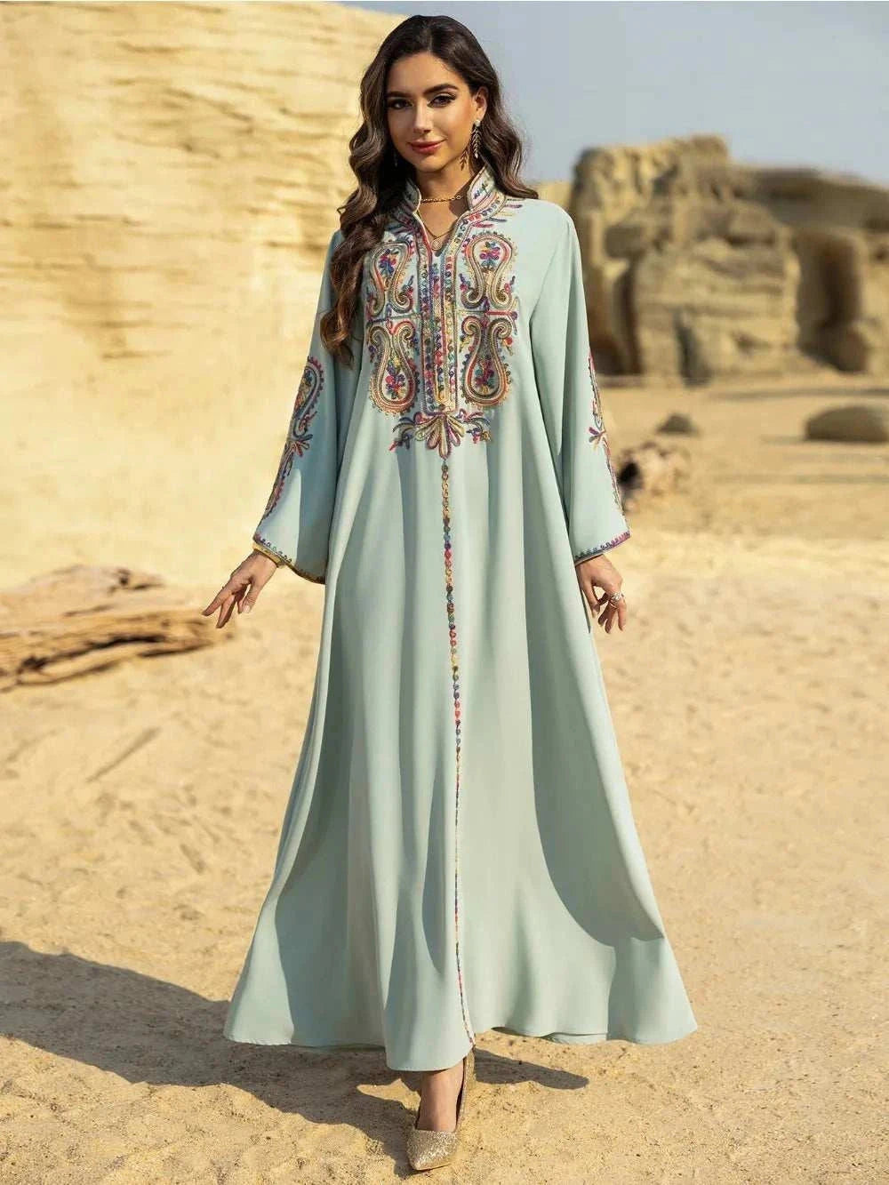 Embroidered Moroccan Abaya – Traditional Chiffon Modest Abaya -  Green / S -  Abaya Vida
