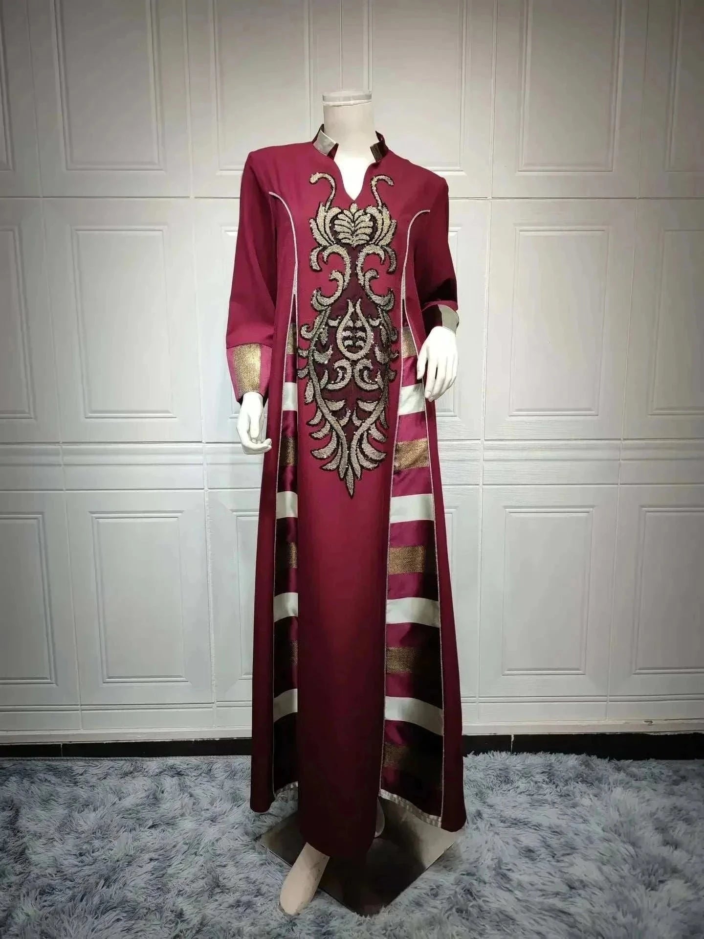 Embroidered Stripe Abaya – Elegant Closed Modest Occasion Wear -  Black / S -  Abaya Vida