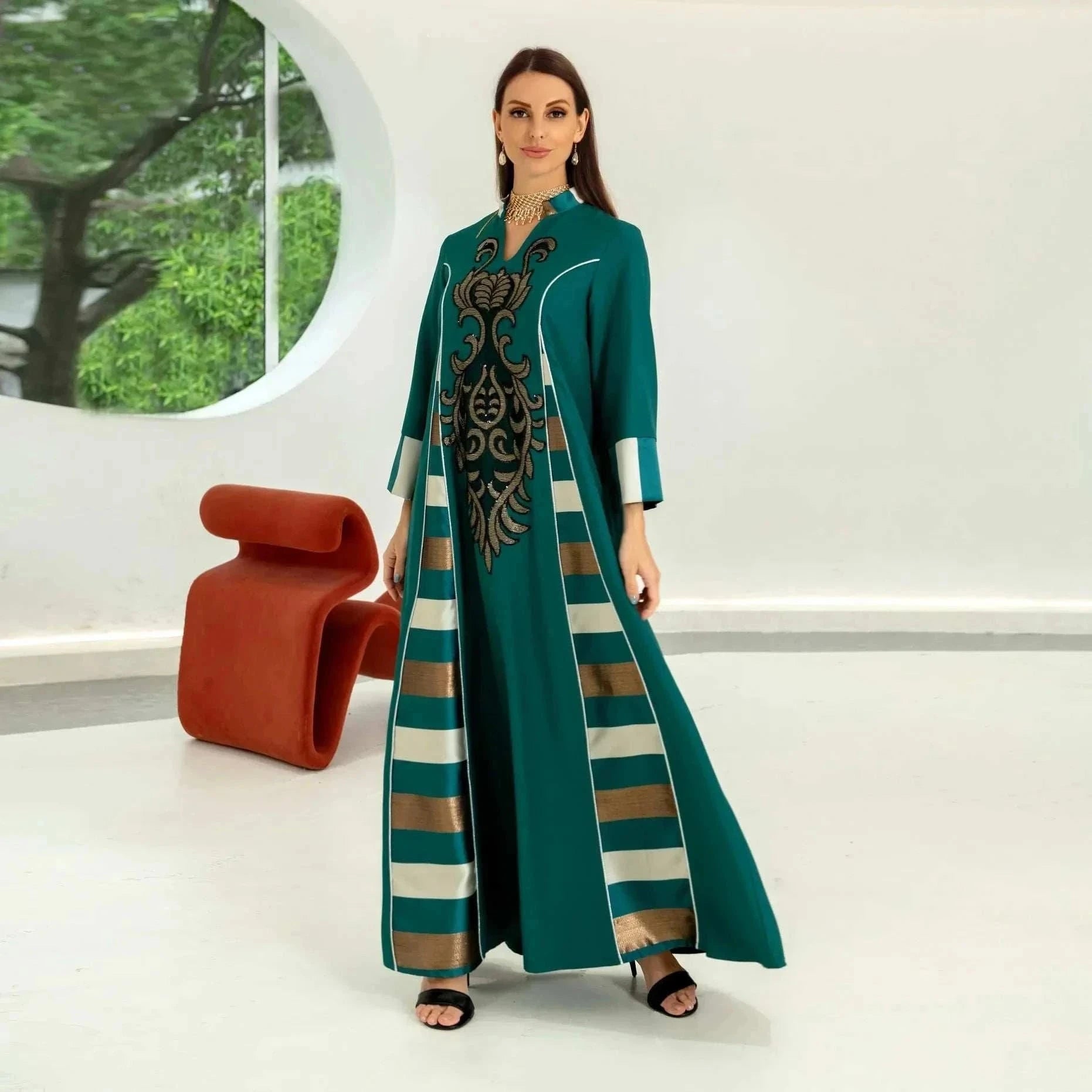 Embroidered Stripe Abaya – Elegant Closed Modest Occasion Wear -  Black / S -  Abaya Vida