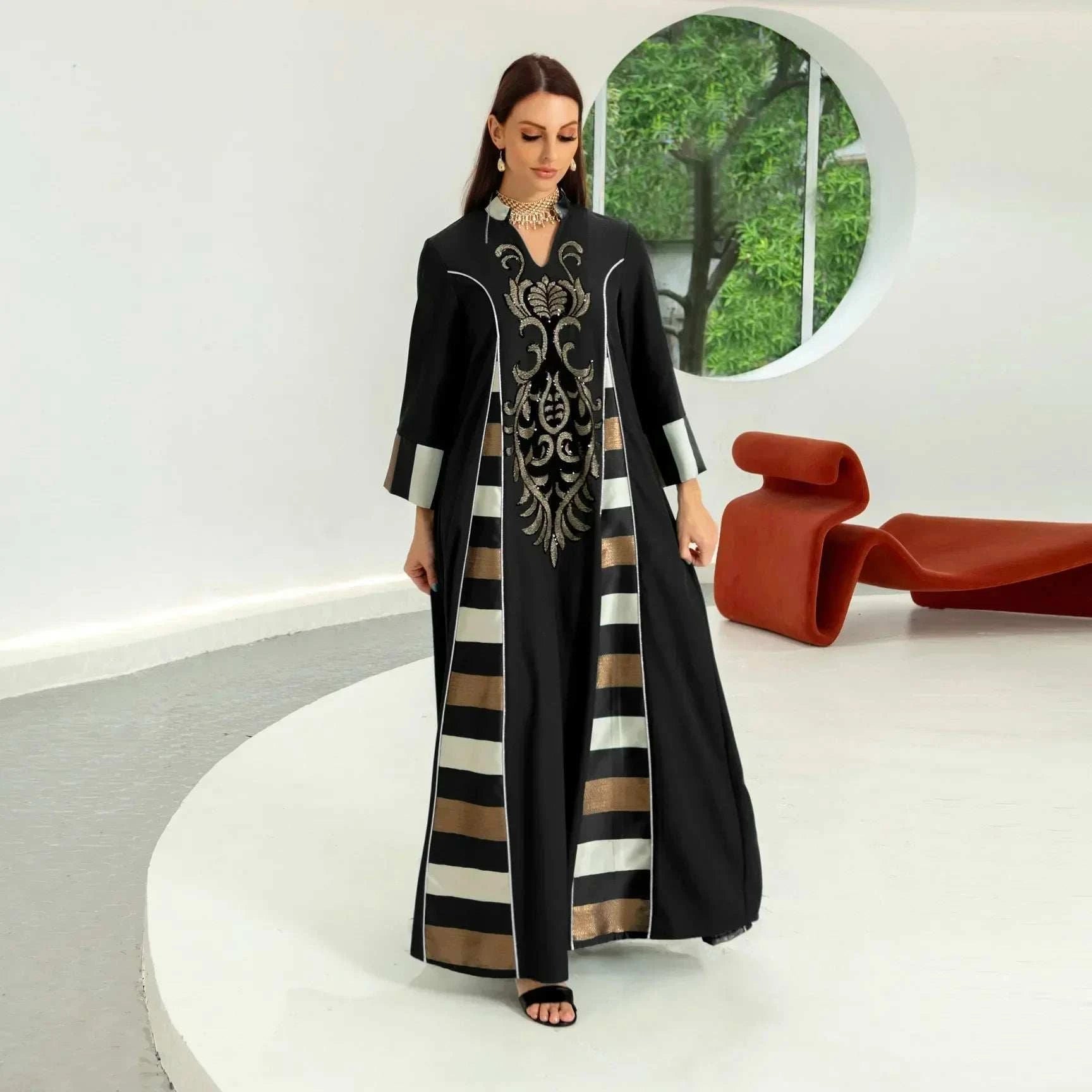 Embroidered Stripe Abaya – Elegant Closed Modest Occasion Wear -  Black / S -  Abaya Vida