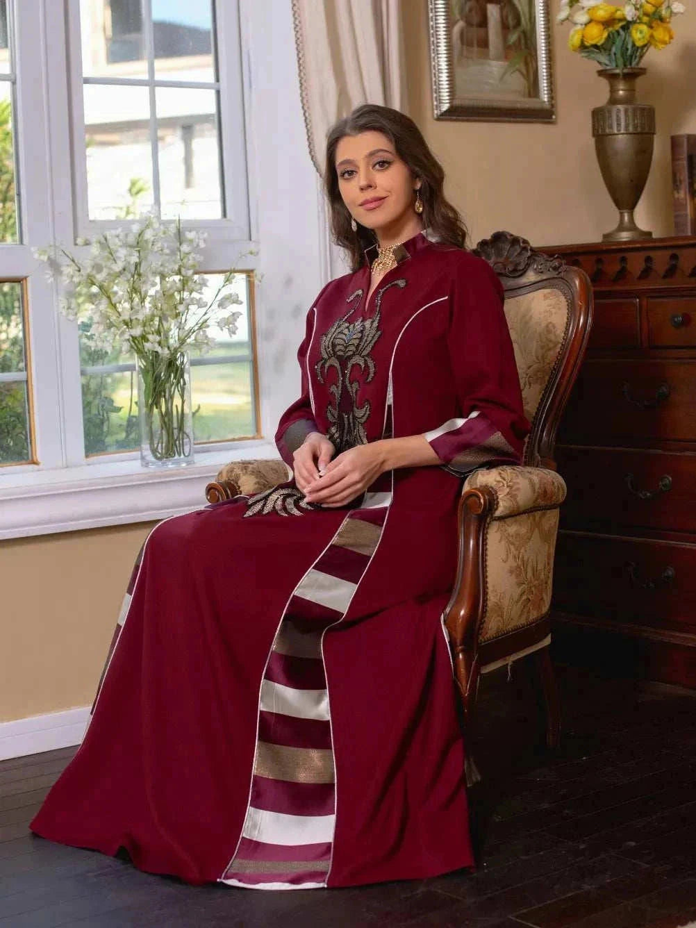 Embroidered Stripe Abaya – Elegant Closed Modest Occasion Wear -  Black / S -  Abaya Vida