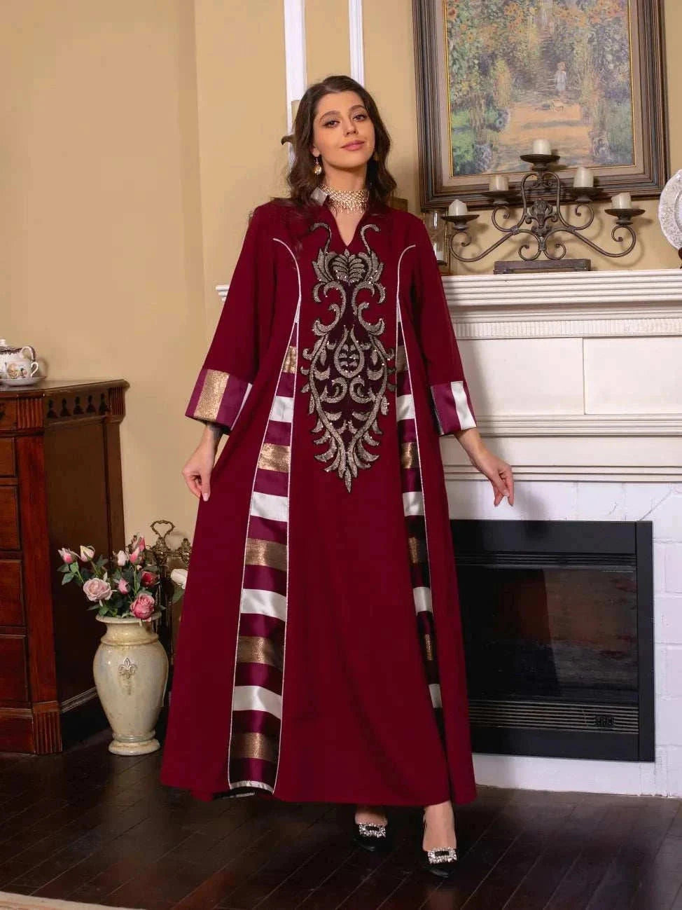 Embroidered Stripe Abaya – Elegant Closed Modest Occasion Wear -  Black / S -  Abaya Vida