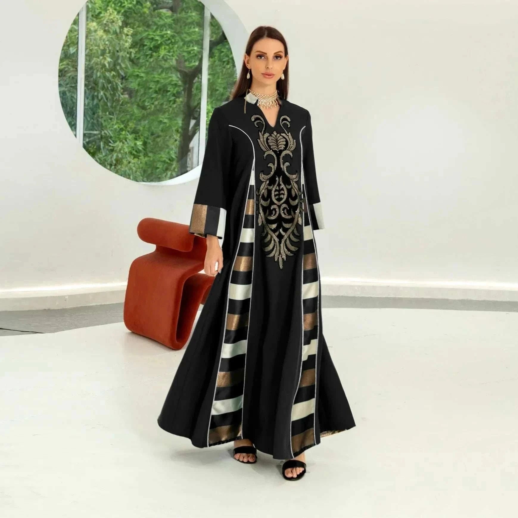Embroidered Stripe Abaya – Elegant Closed Modest Occasion Wear -  Black / S -  Abaya Vida