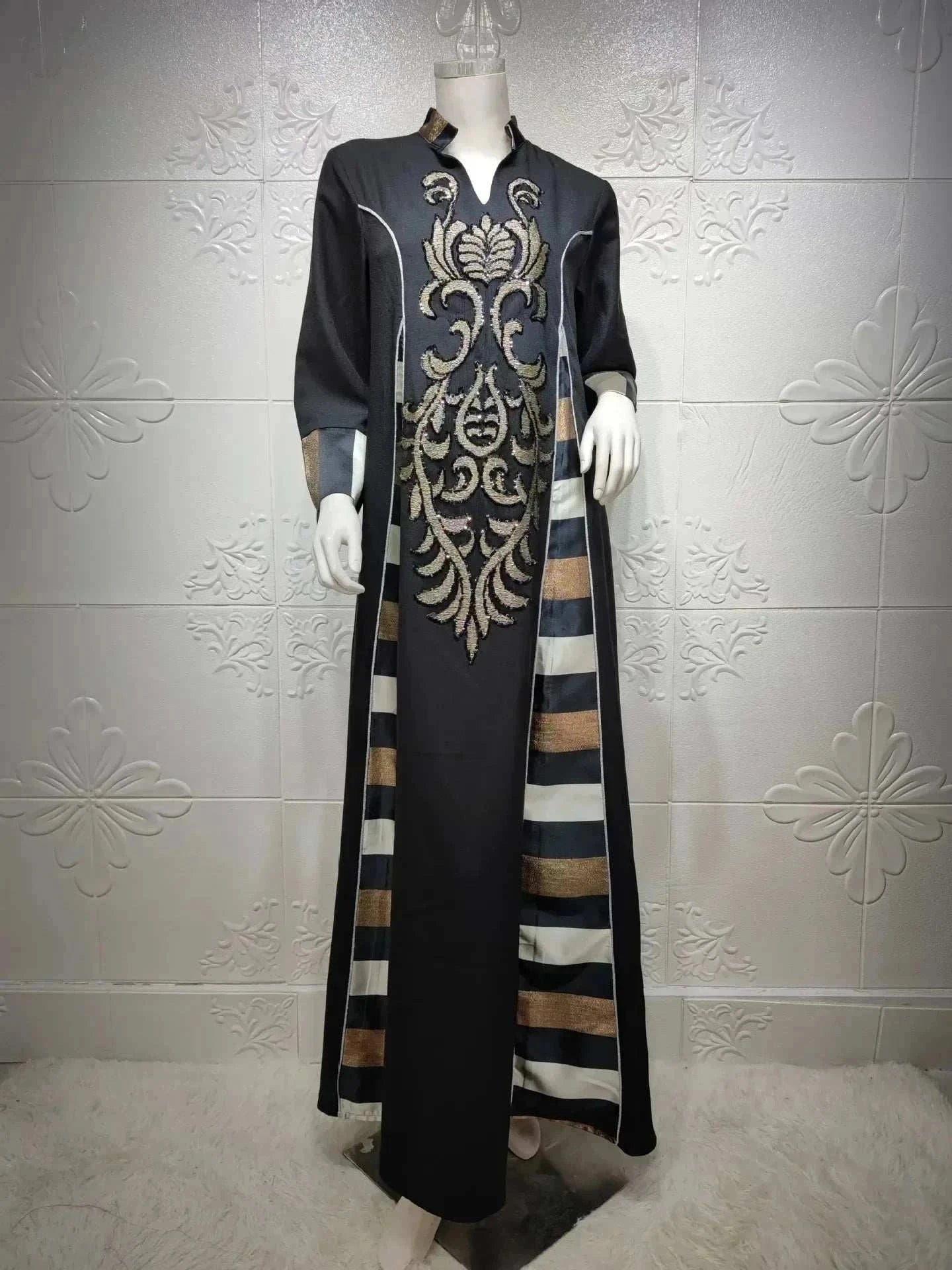 Embroidered Stripe Abaya – Elegant Closed Modest Occasion Wear -  Black / S -  Abaya Vida