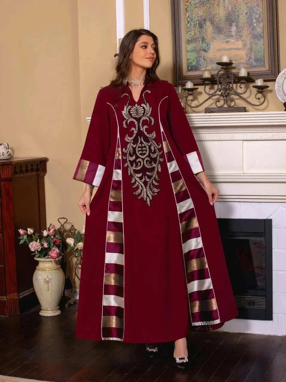 Embroidered Stripe Abaya – Elegant Closed Modest Occasion Wear -  Black / S -  Abaya Vida