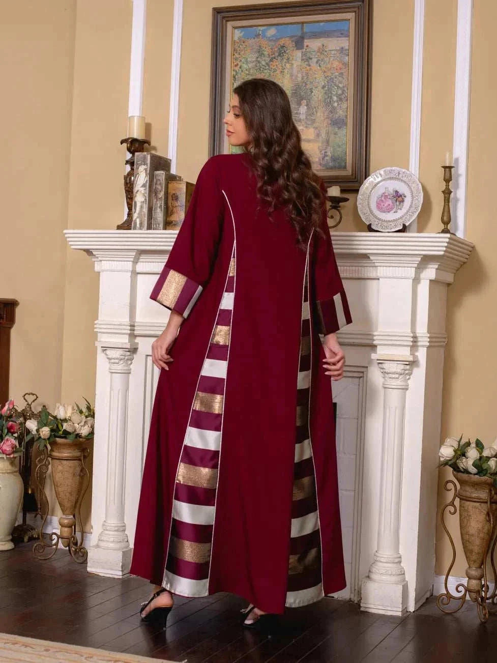 Embroidered Stripe Abaya – Elegant Closed Modest Occasion Wear -  Black / S -  Abaya Vida