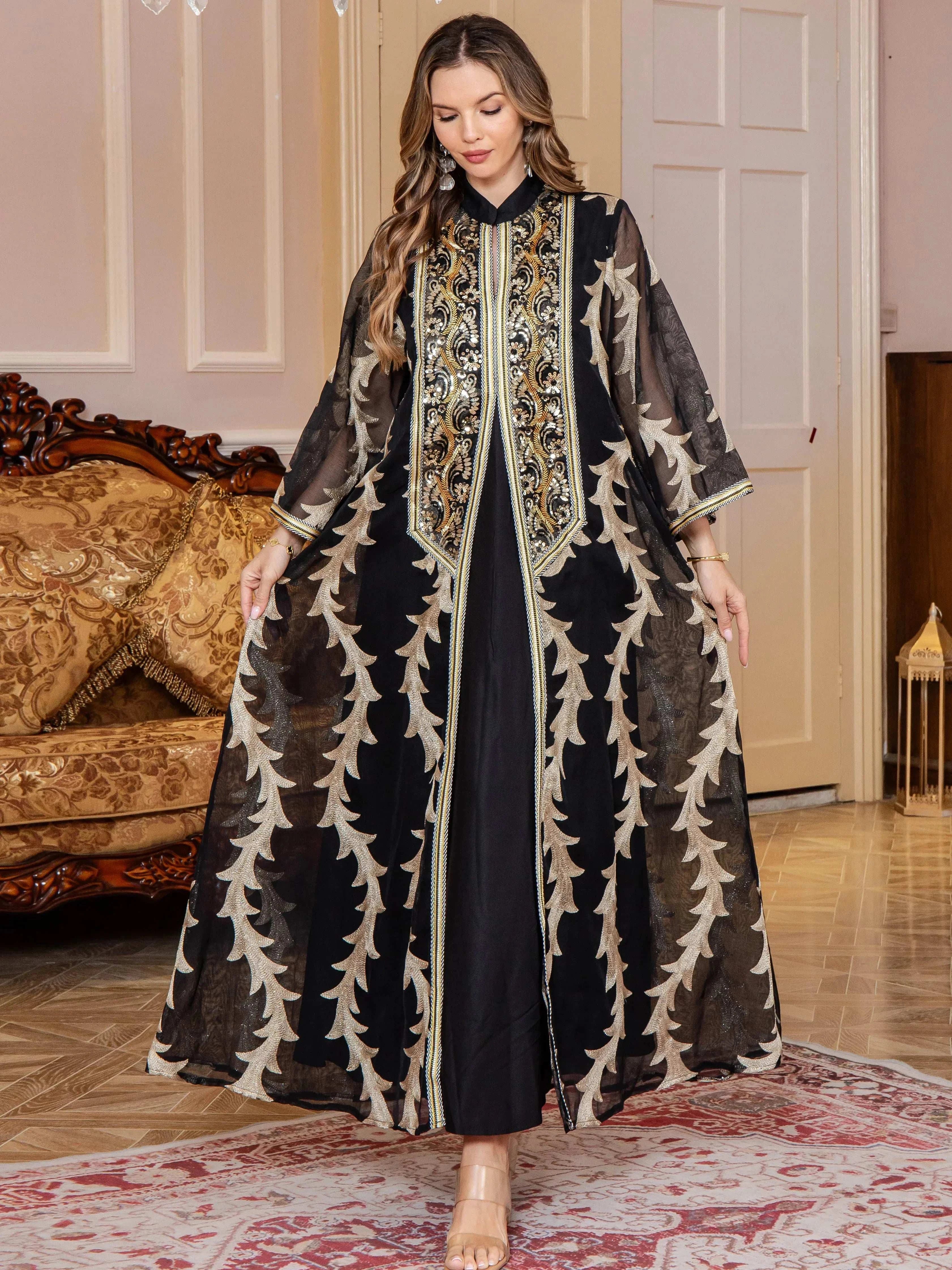Embroidered Two-Piece Abaya Set – Open Kimono Style Modest Set -  Black / M -  Abaya Vida