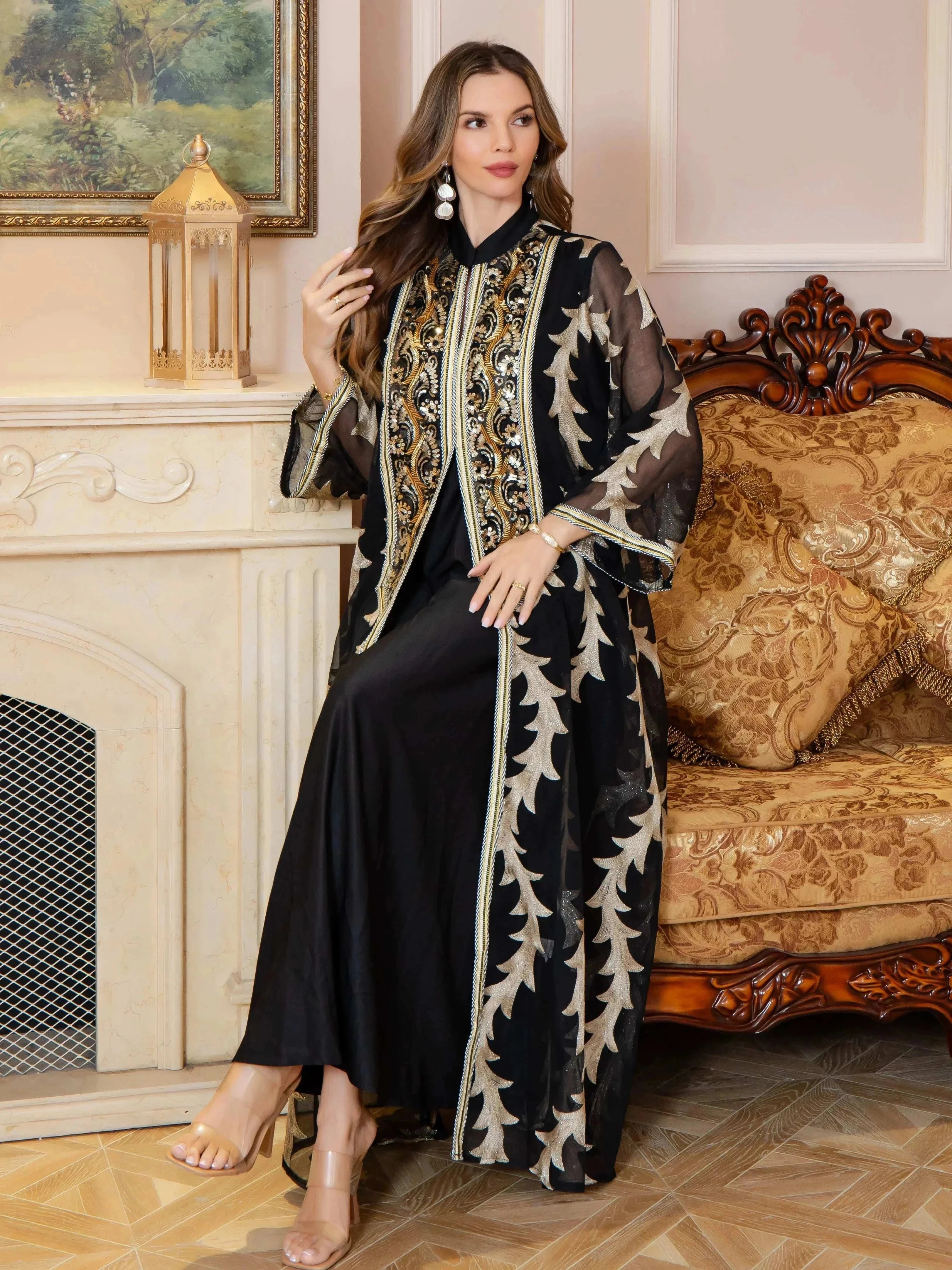 Embroidered Two-Piece Abaya Set – Open Kimono Style Modest Set -  Black / M -  Abaya Vida
