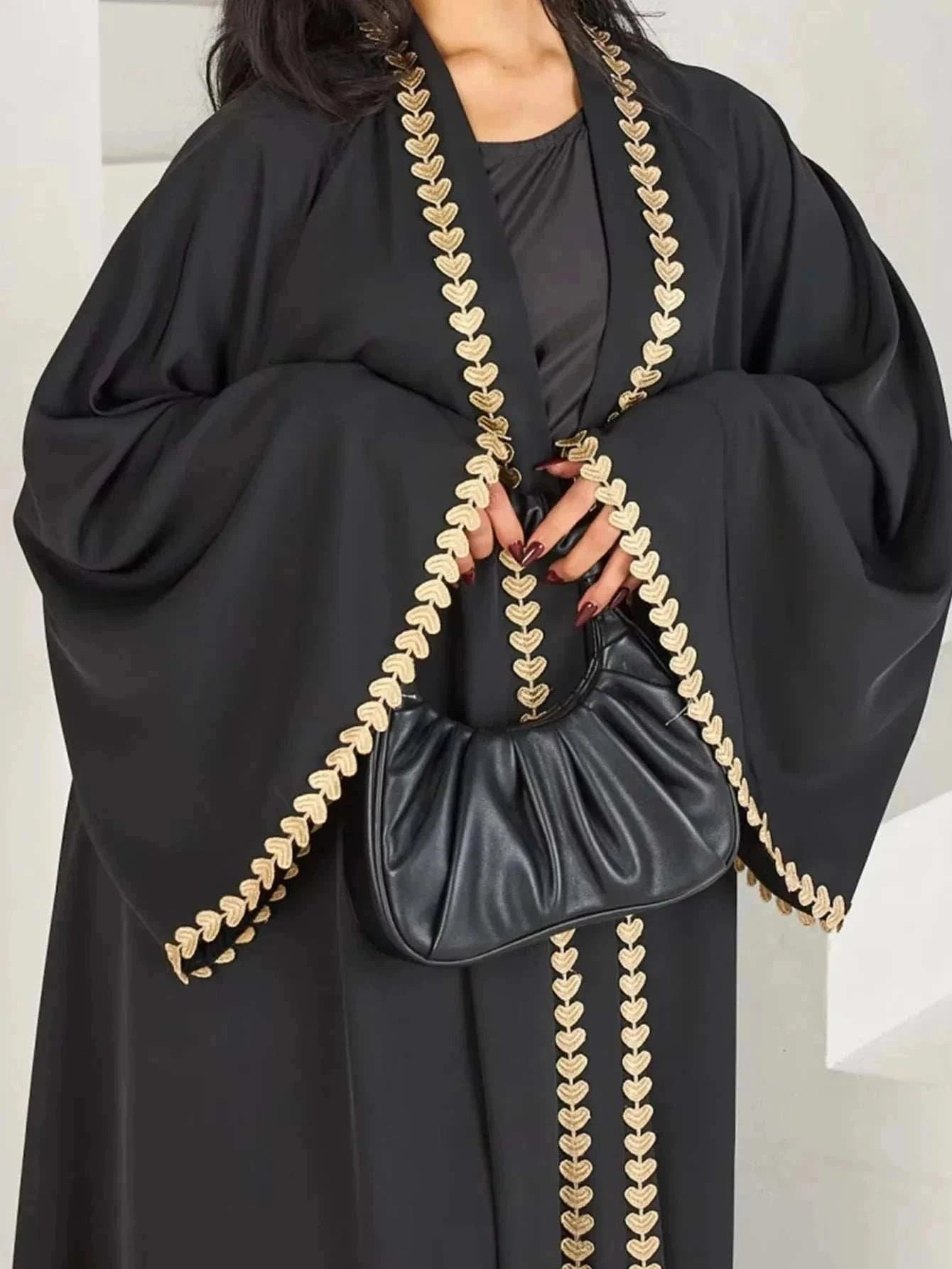 Emerald Gold Edge Abaya – Waist Tie Open Front Luxury Abaya -  Black / M -  Abaya Vida