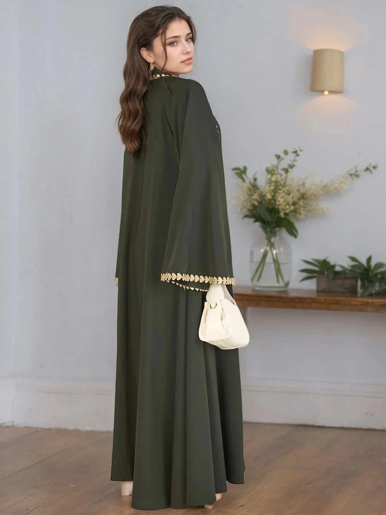 Emerald Gold Edge Abaya – Waist Tie Open Front Luxury Abaya -  Black / M -  Abaya Vida