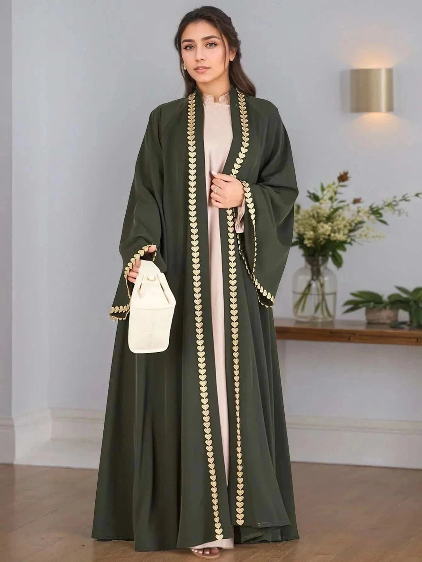 Emerald Gold Edge Abaya – Waist Tie Open Front Luxury Abaya -  Black / M -  Abaya Vida