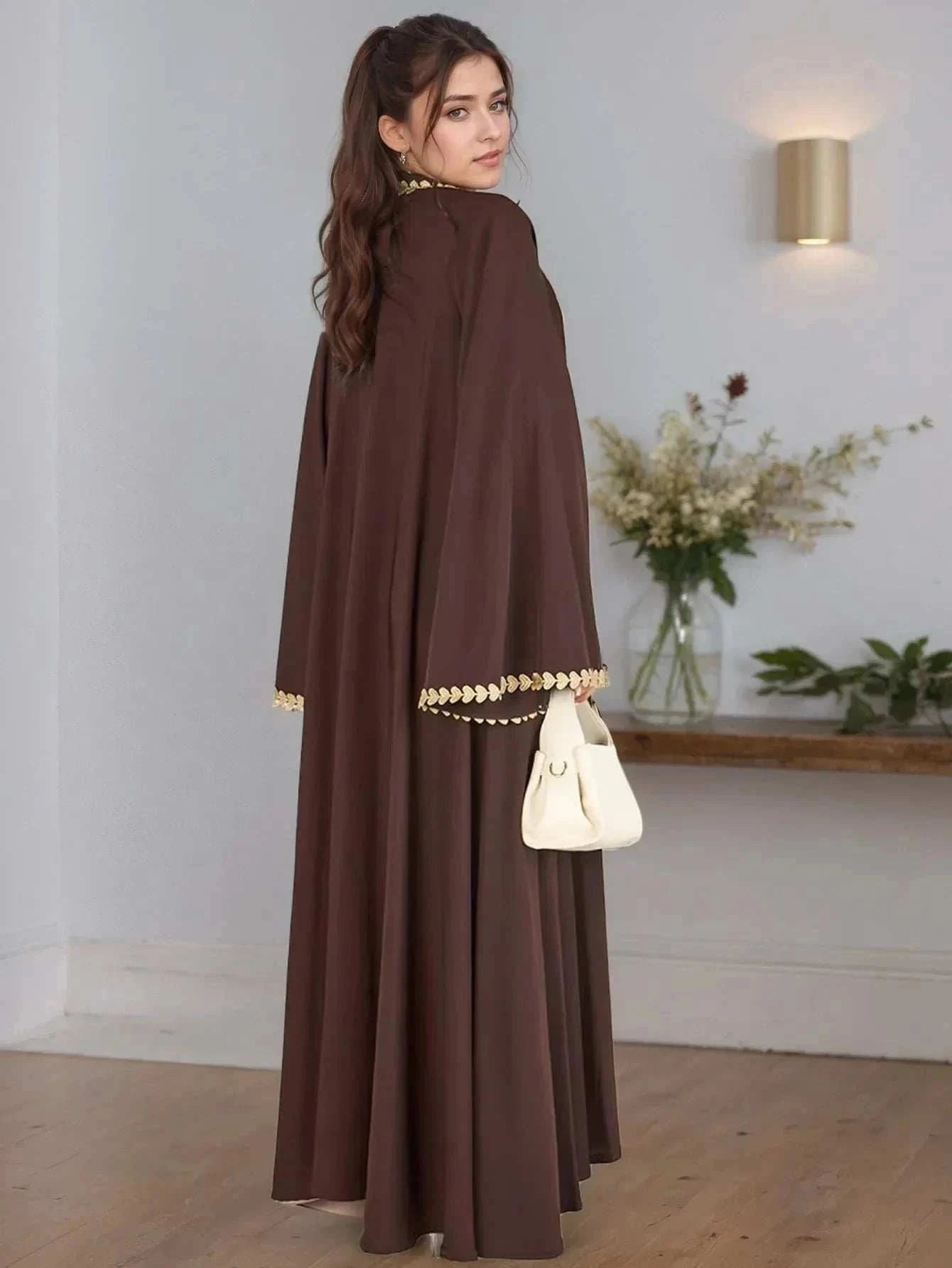 Emerald Gold Edge Abaya – Waist Tie Open Front Luxury Abaya -  Black / M -  Abaya Vida