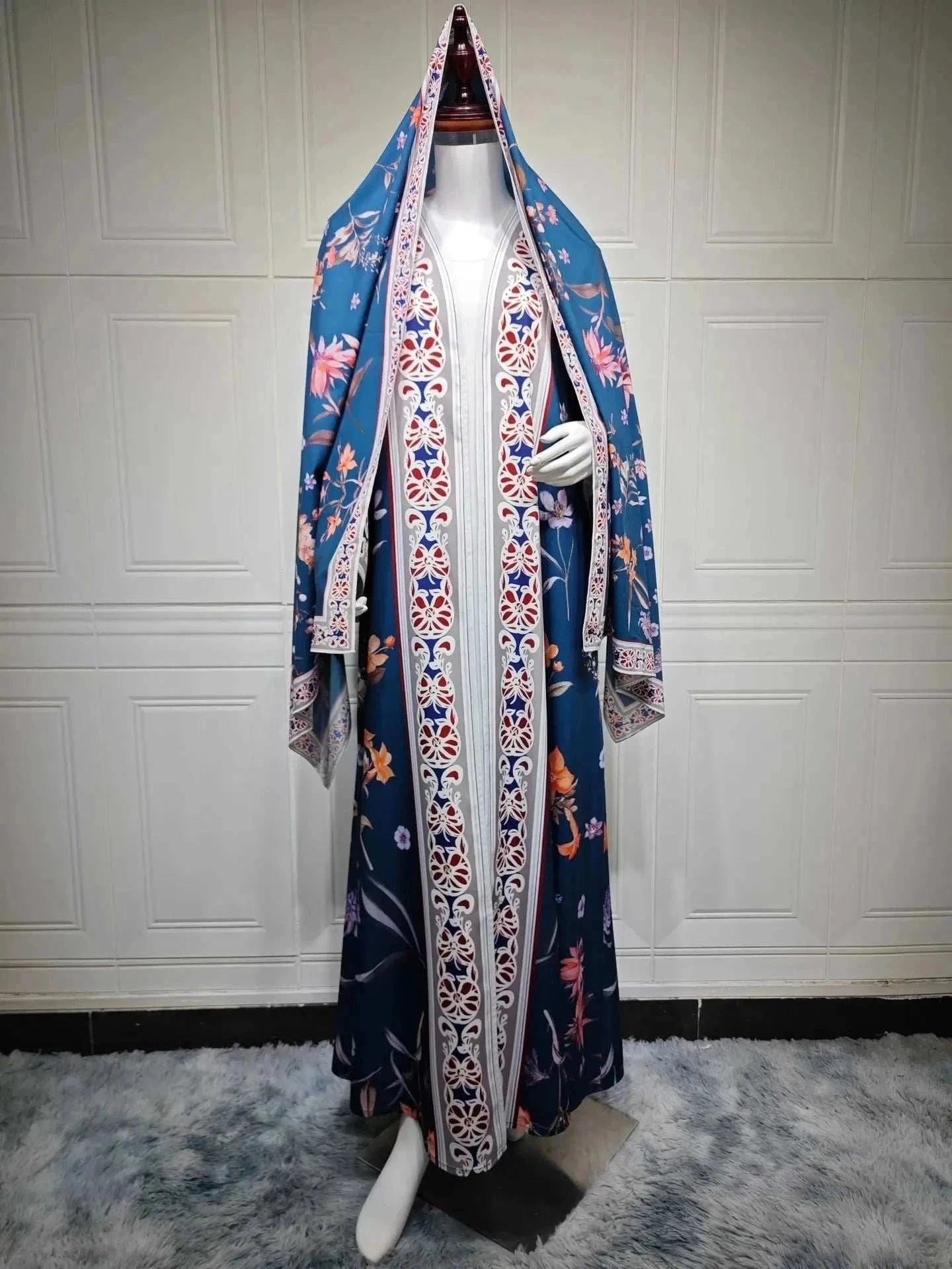 Floral Elegance Abaya – Open Floral Embroidered Maxi Abaya -  Blue / S -  Abaya Vida