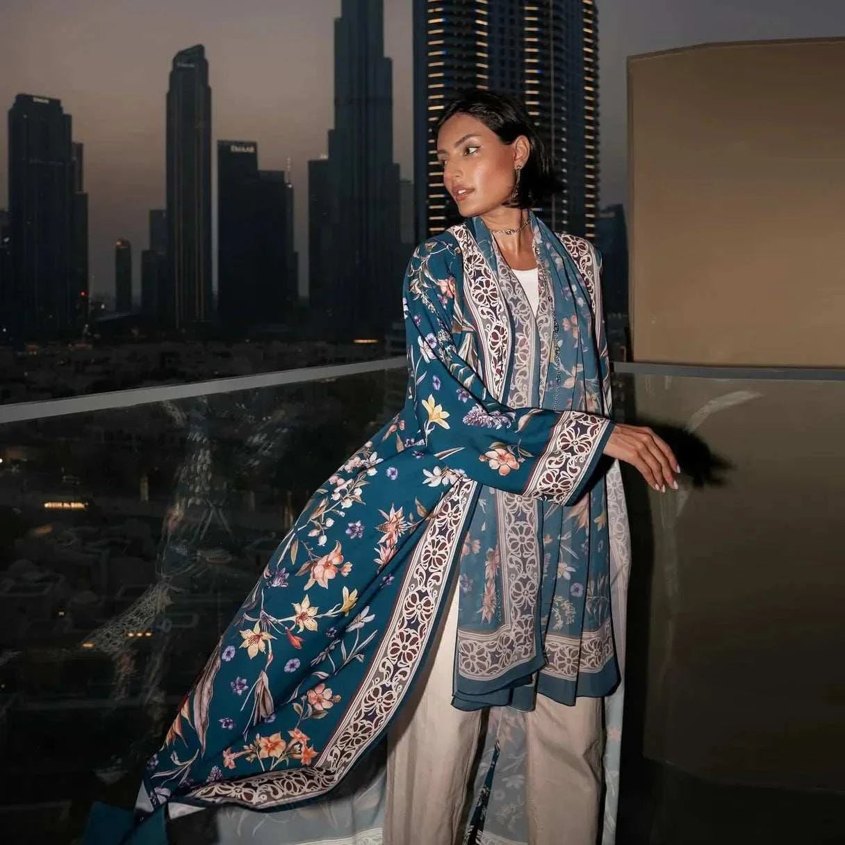 Floral Elegance Abaya – Open Floral Embroidered Maxi Abaya -  Blue / S -  Abaya Vida