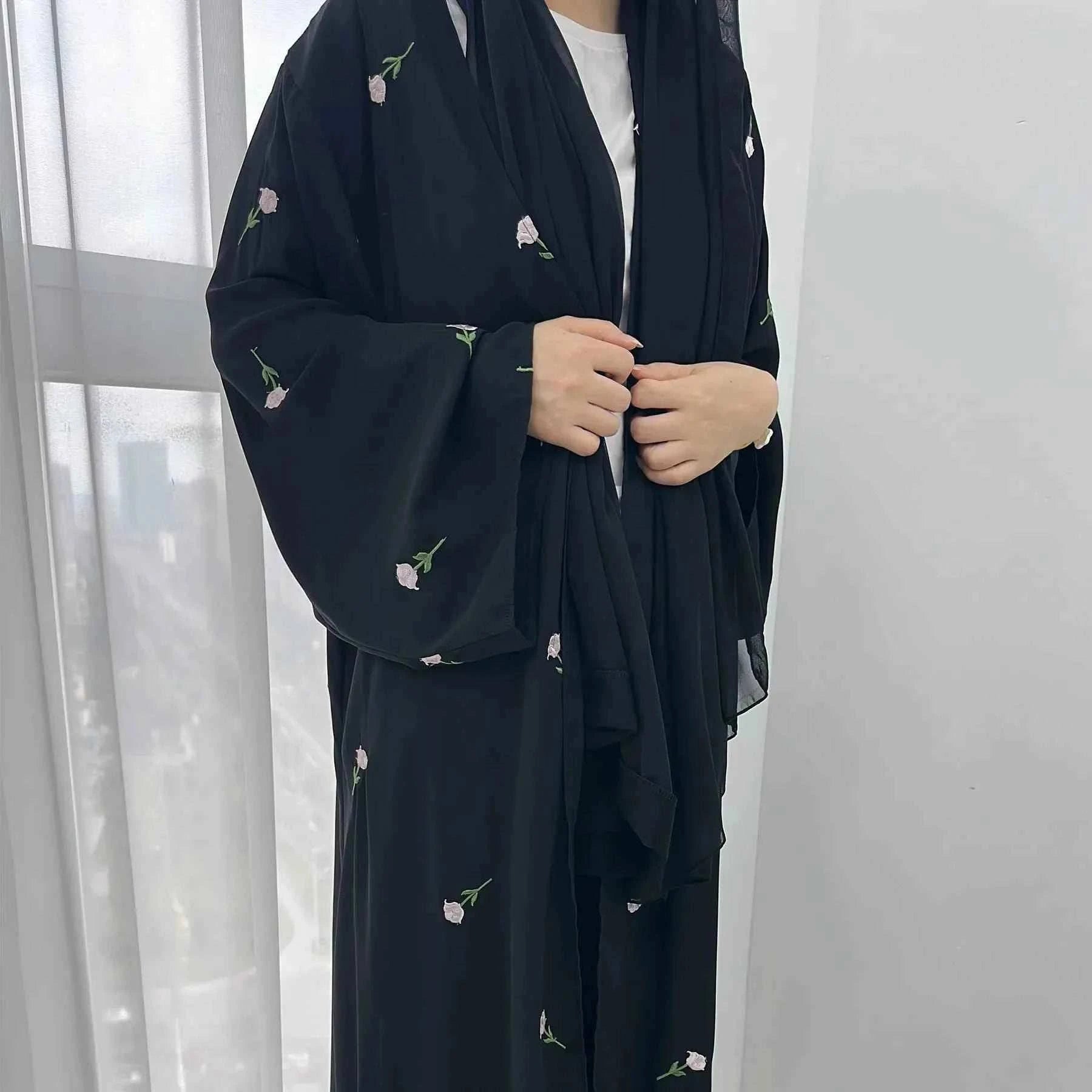 Floral Embroidered Abaya Cardigan – Luxury Open Kimono Abaya -  Gray with Scarf / S -  Abaya Vida