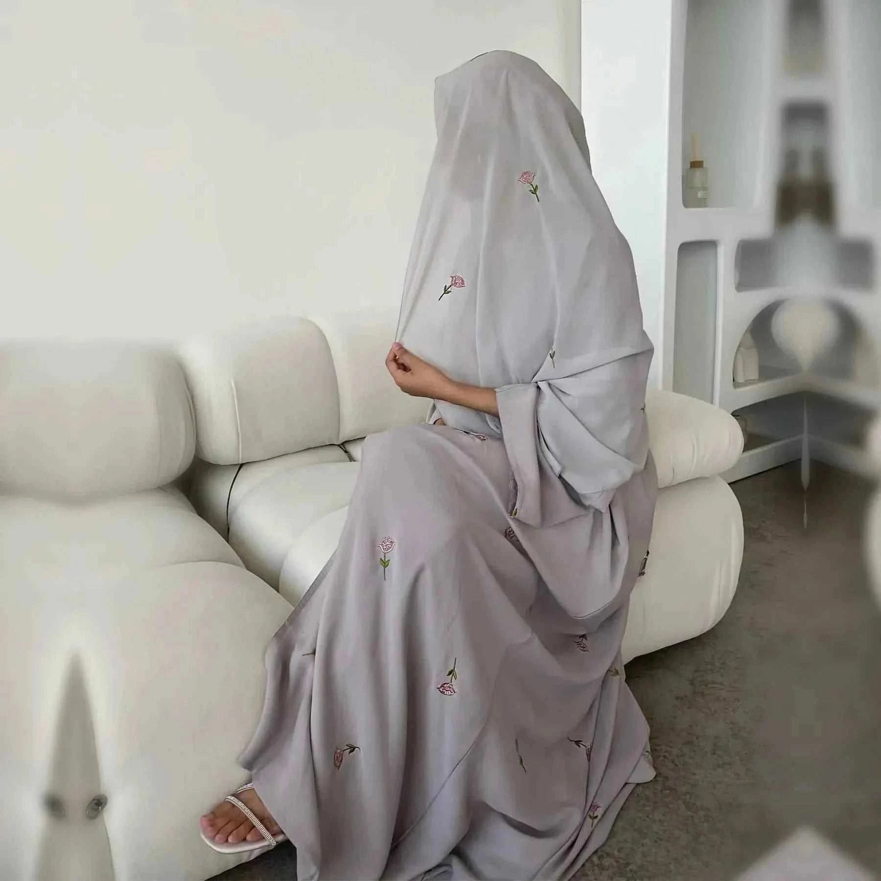 Floral Embroidered Abaya Cardigan – Luxury Open Kimono Abaya -  Gray with Scarf / S -  Abaya Vida