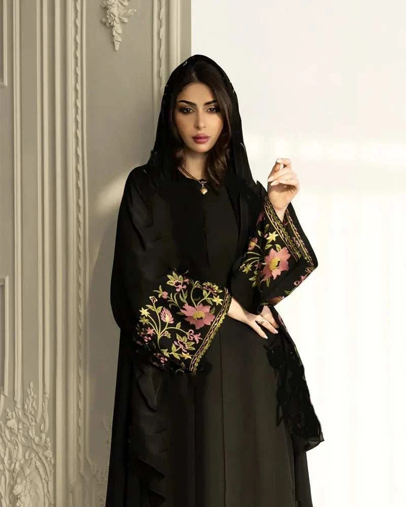 Floral Embroidered Party Abaya – Luxury Eid Open Abaya -  M -  Abaya Vida