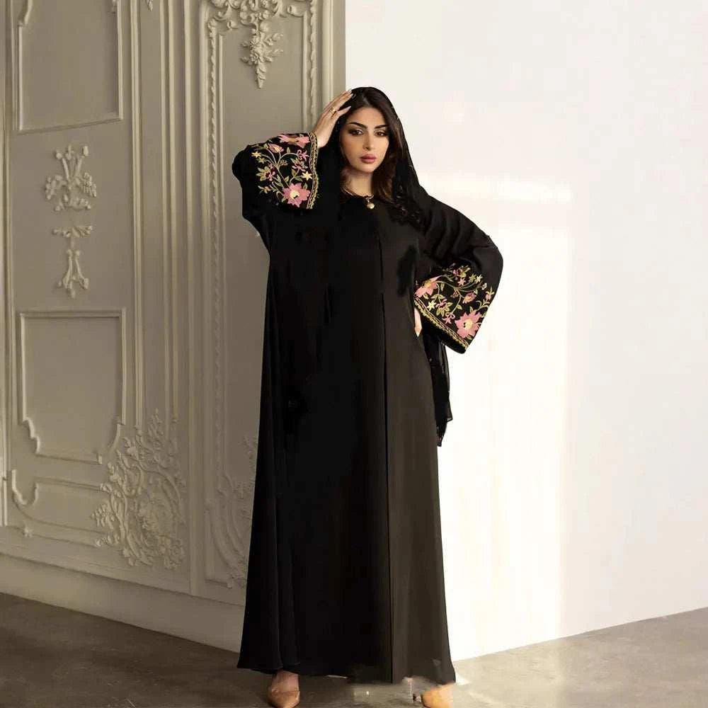 Floral Embroidered Party Abaya – Luxury Eid Open Abaya -  M -  Abaya Vida