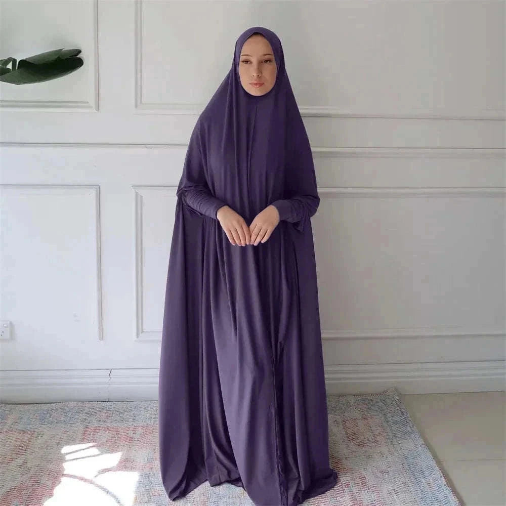 Full Cover Bat Sleeve Hooded Abaya – Pullover Prayer Gown -  Dark Purple / S -  Abaya Vida