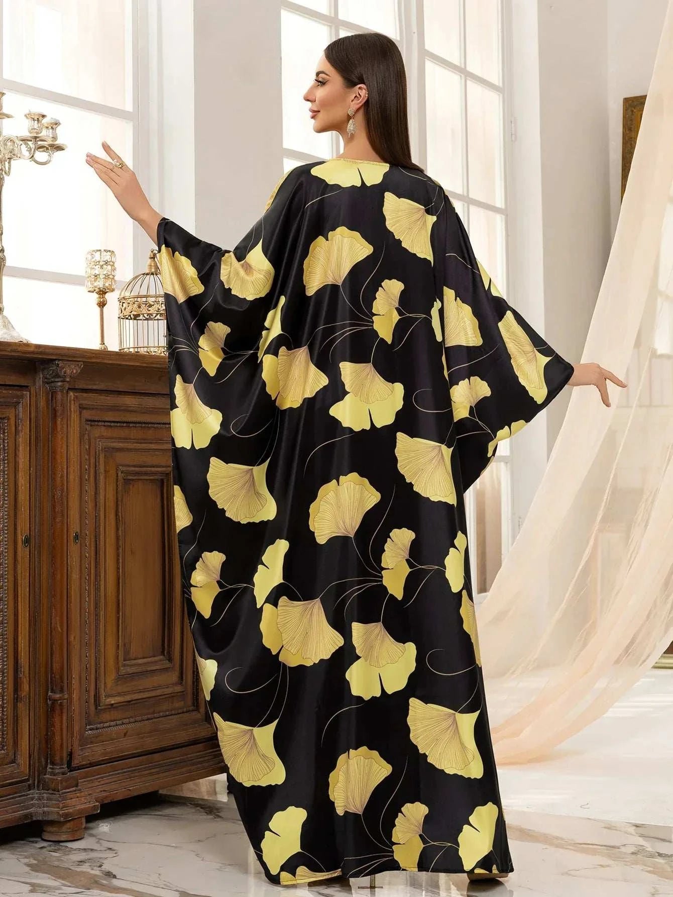 Golden Ginkgo Printed Abaya – Floral Leaf Print Open Abaya Black -  Default Title -  Abaya Vida