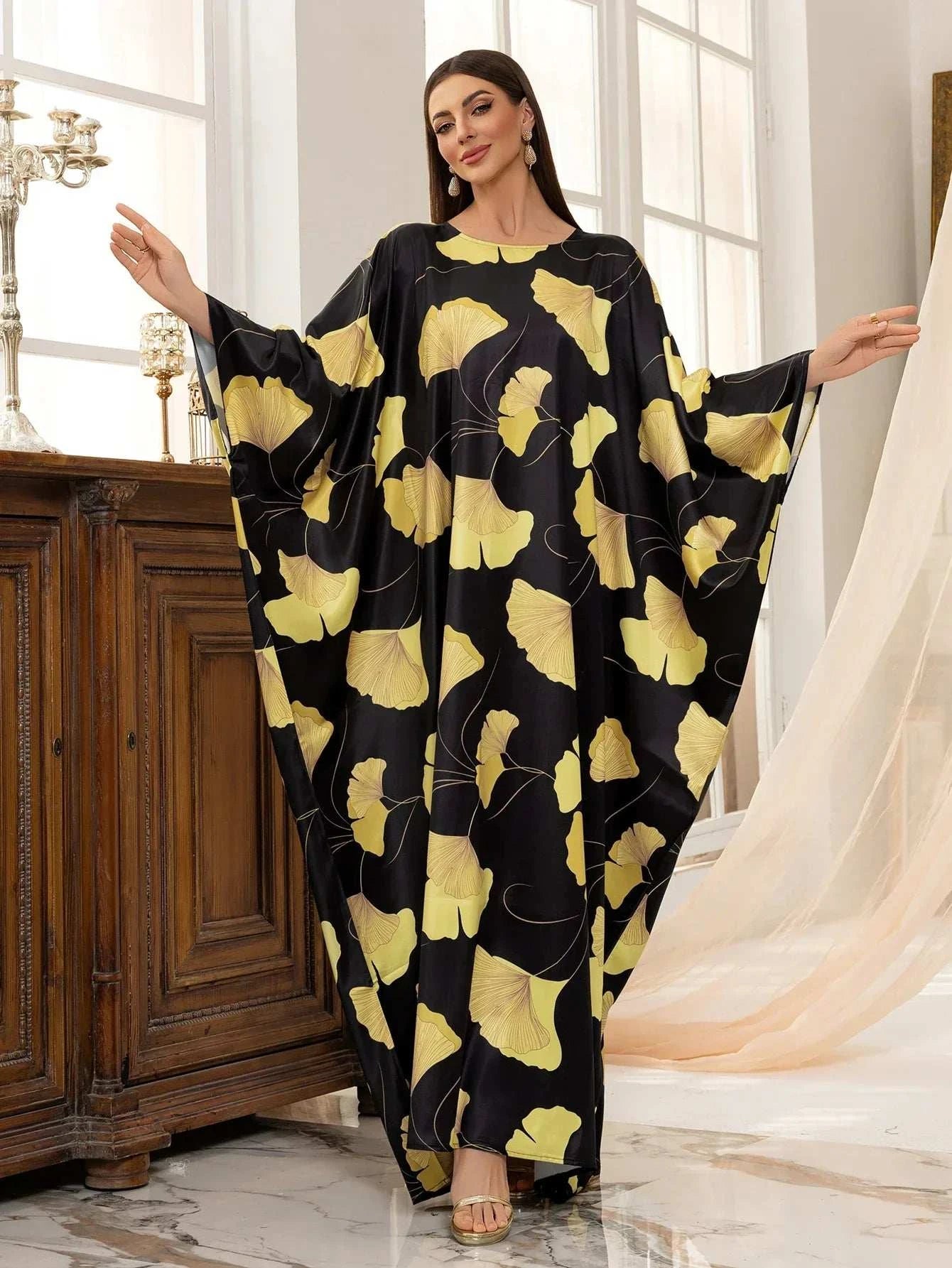 Golden Ginkgo Printed Abaya – Floral Leaf Print Open Abaya Black -  Default Title -  Abaya Vida