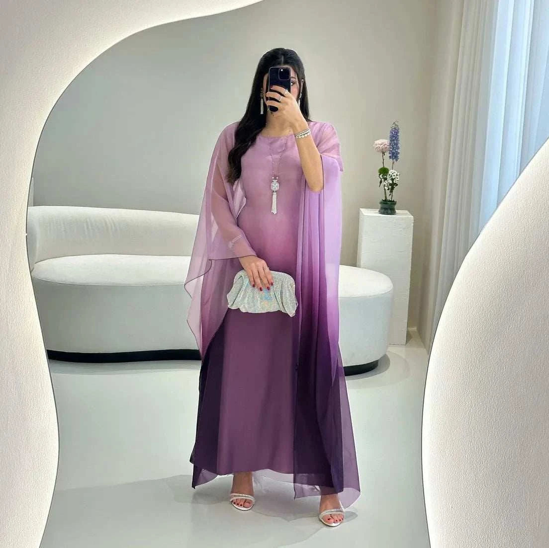 Gradient Satin Abaya Set – Modern Chic Layered Elegance -  Purple / S -  Abaya Vida