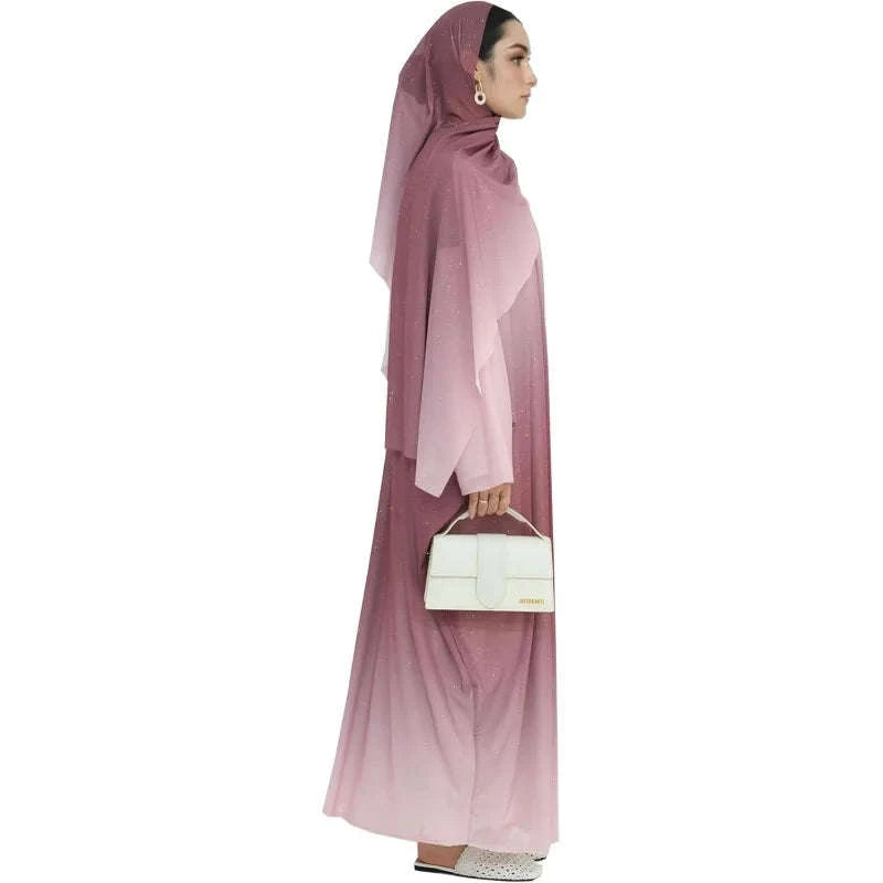 Gradient Sequin Chiffon Abaya Cardigan – Shimmer Open Front Robe with Hijab -  S -  Abaya Vida