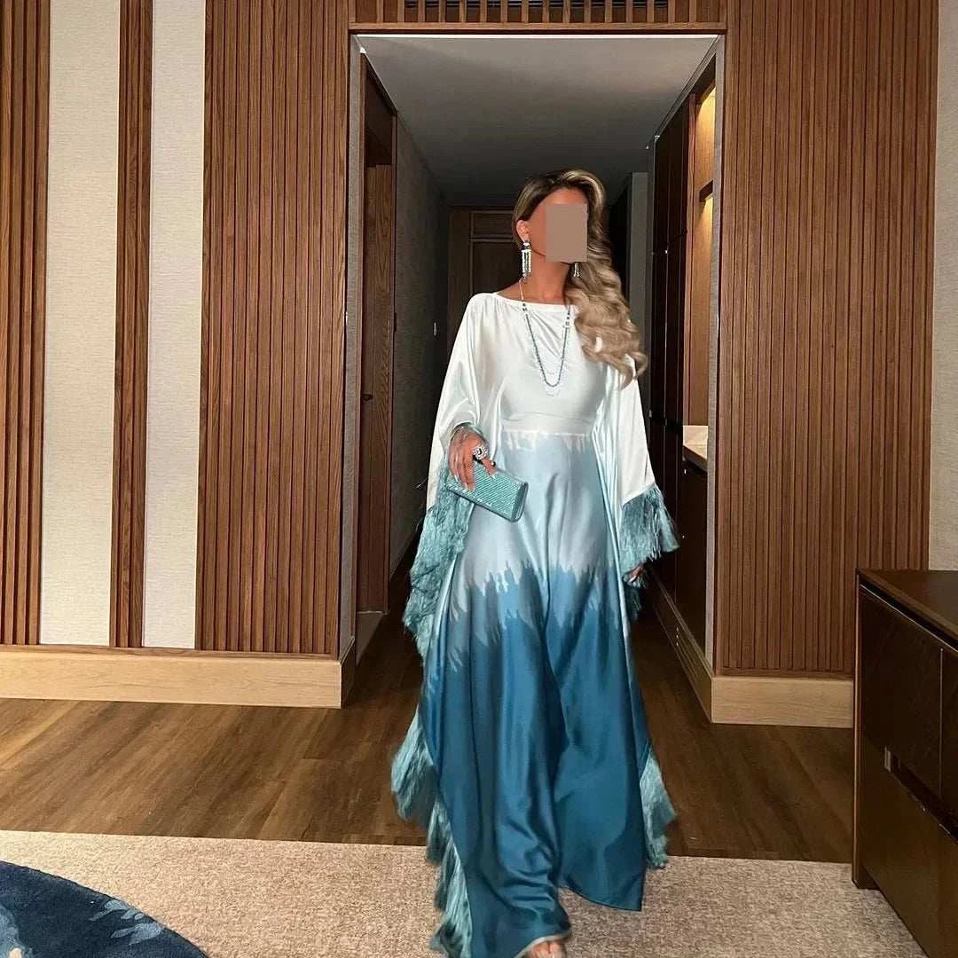 Gradient Tassel Dress – Batwing Sleeve Abaya Blue, Brown & Green -  Blue -  Abaya Vida