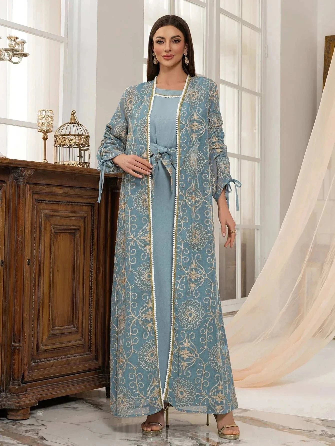 Green Floral Embroidered Abaya – Open Luxury Formal Abaya -  S -  Abaya Vida