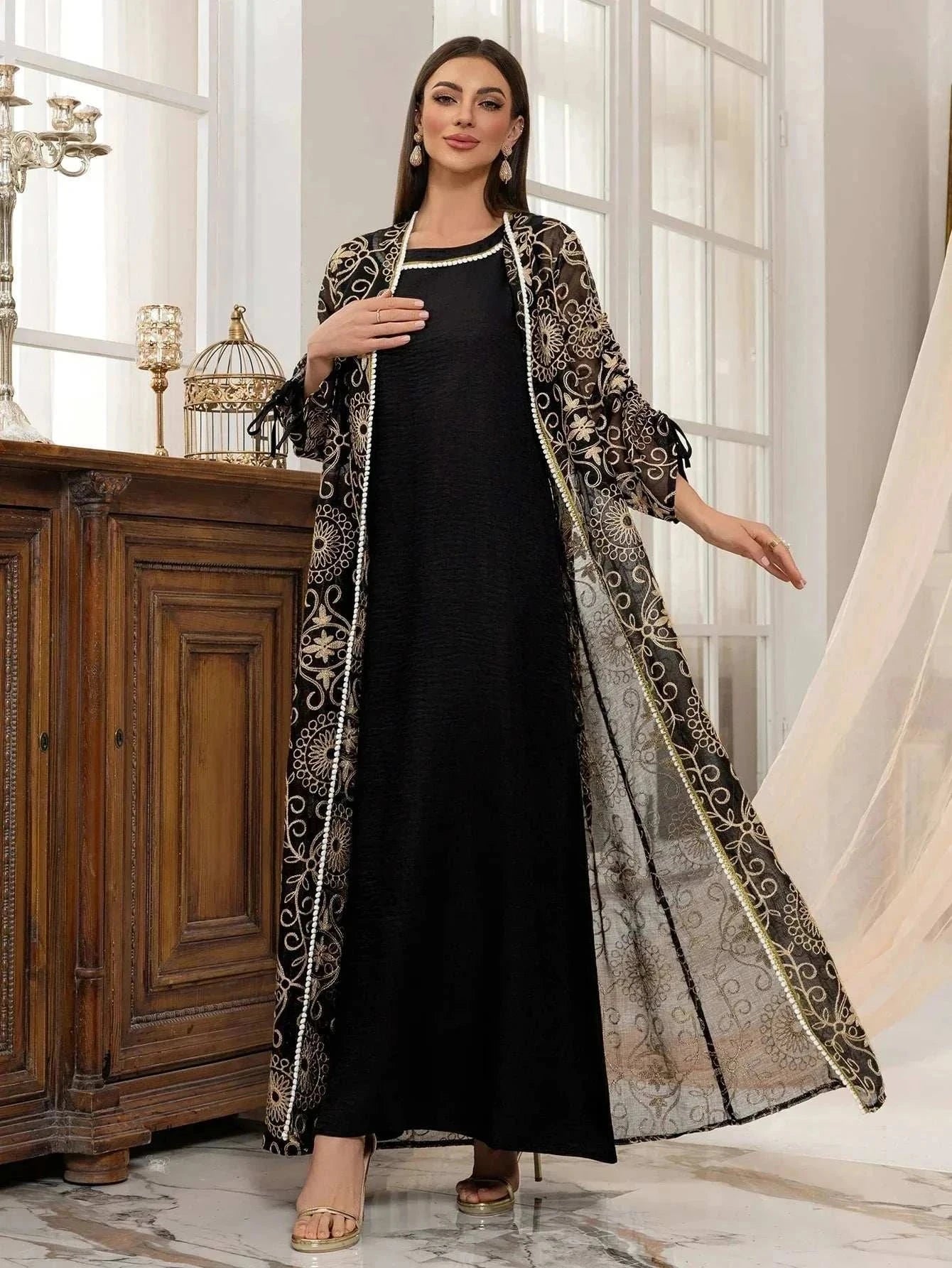Green Floral Embroidered Abaya – Open Luxury Formal Abaya -  S -  Abaya Vida