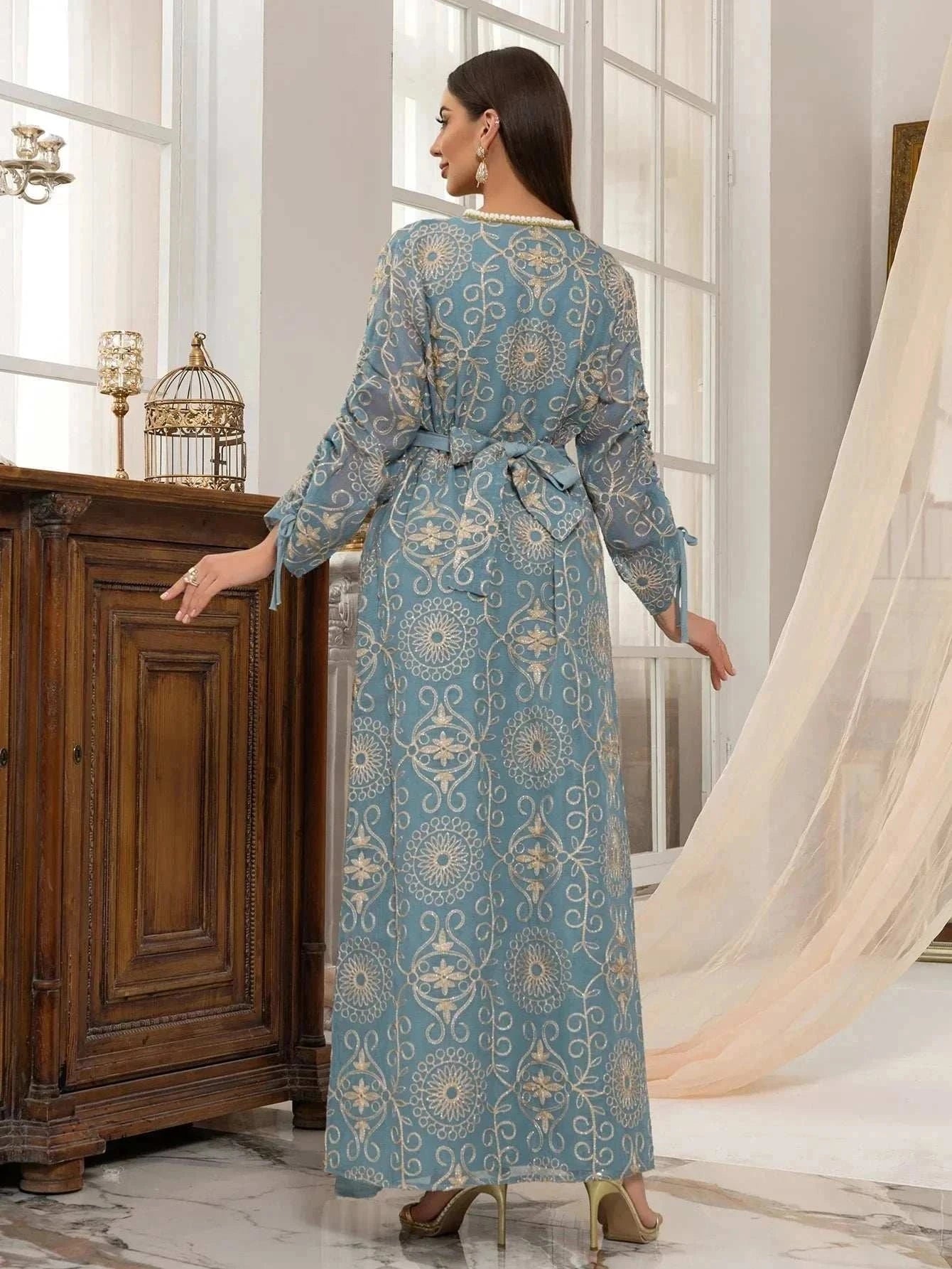 Green Floral Embroidered Abaya – Open Luxury Formal Abaya -  S -  Abaya Vida