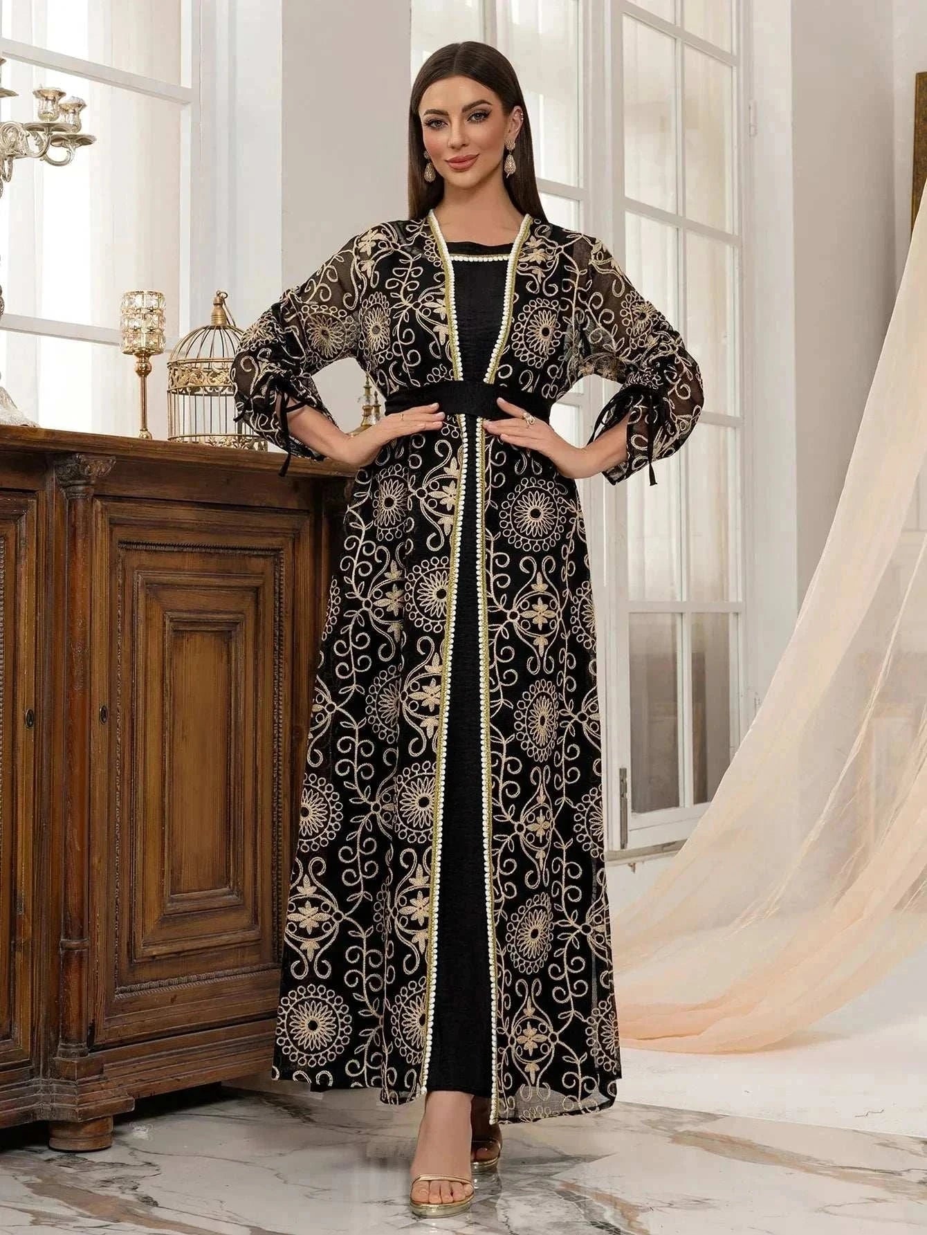 Green Floral Embroidered Abaya – Open Luxury Formal Abaya -  S -  Abaya Vida