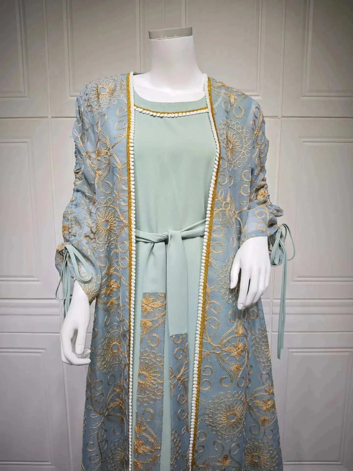 Green Floral Embroidered Abaya – Open Luxury Formal Abaya -  S -  Abaya Vida