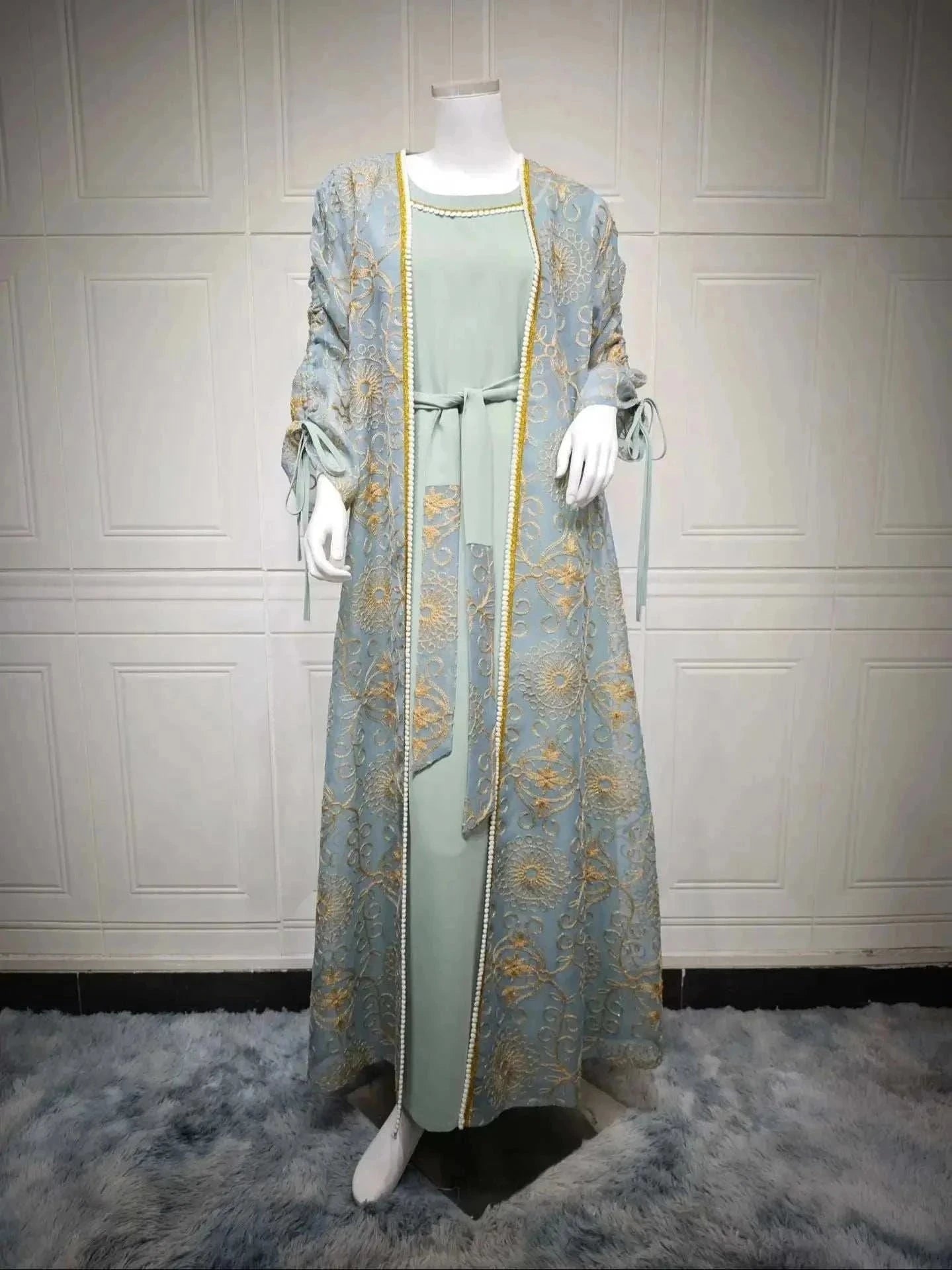 Green Floral Embroidered Abaya – Open Luxury Formal Abaya -  S -  Abaya Vida