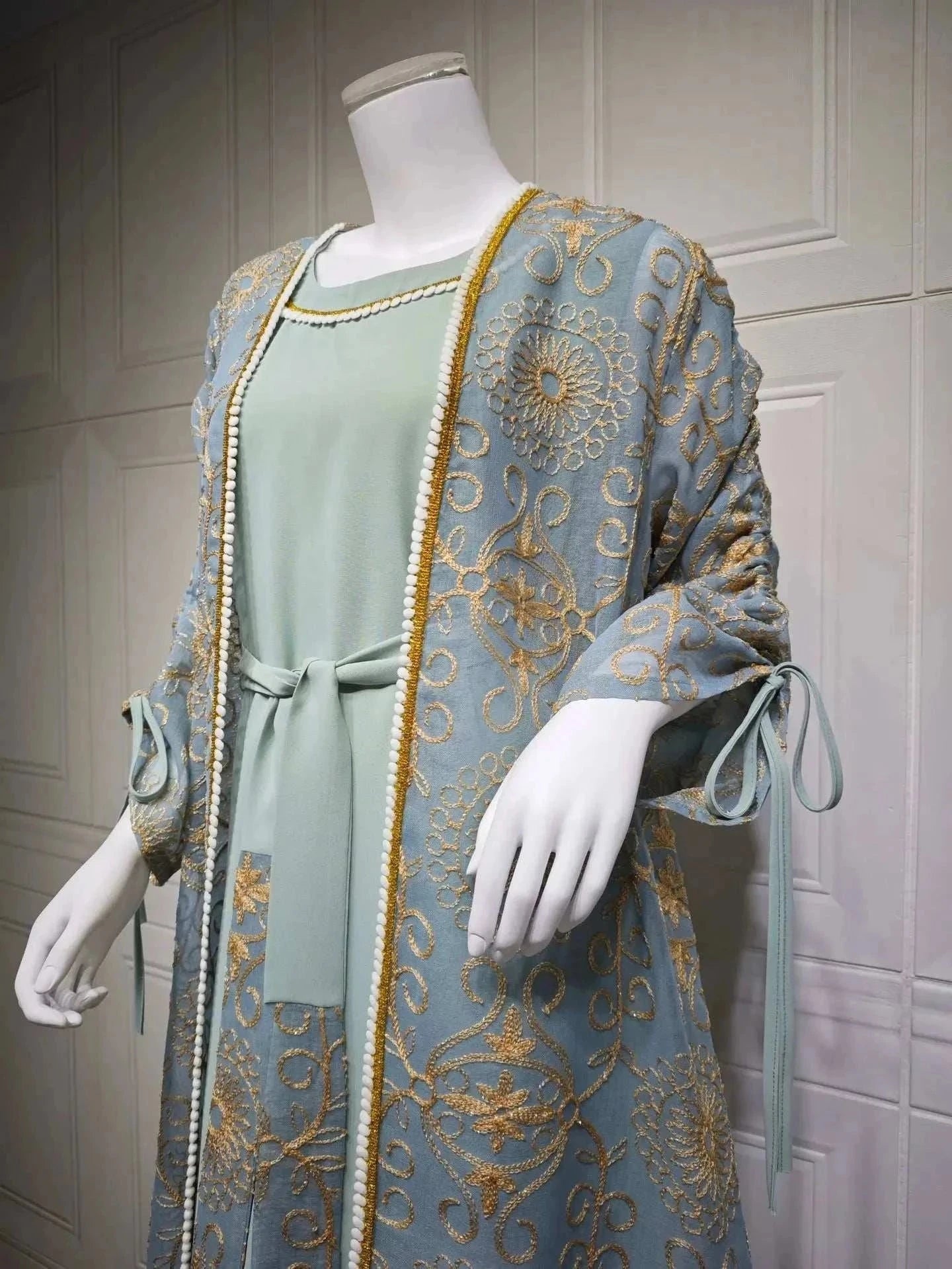 Green Floral Embroidered Abaya – Open Luxury Formal Abaya -  S -  Abaya Vida