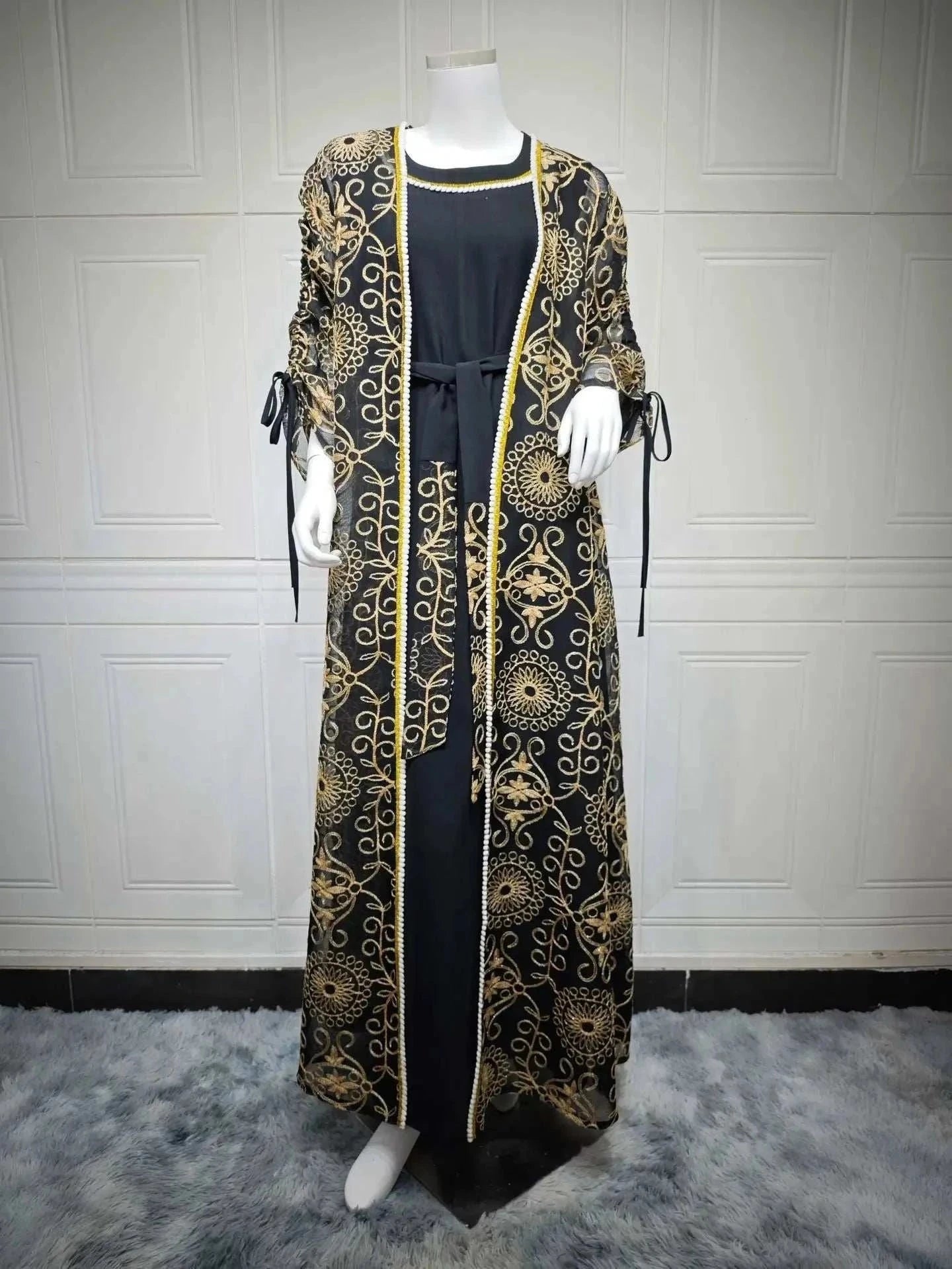 Green Floral Embroidered Abaya – Open Luxury Formal Abaya -  S -  Abaya Vida