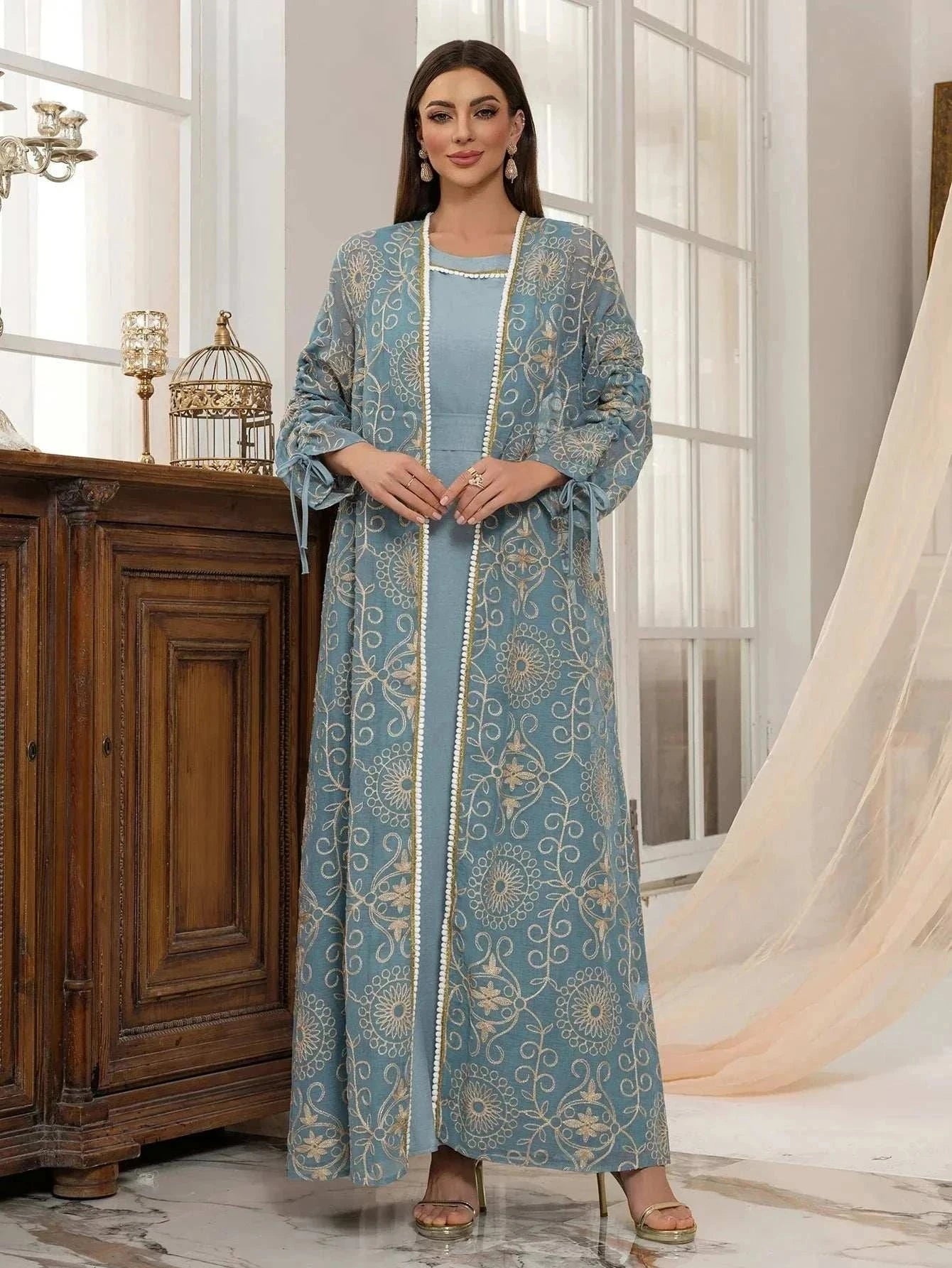 Green Floral Embroidered Abaya – Open Luxury Formal Abaya -  S -  Abaya Vida