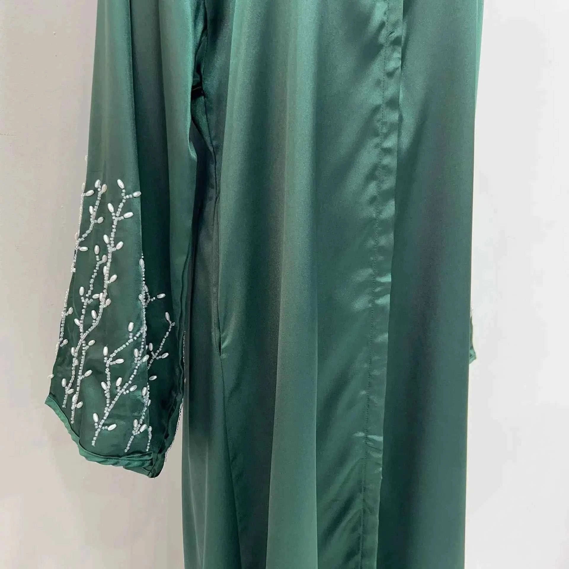 Handmade Beaded Abaya Cardigan – Luxury Satin Open Abaya -  Black with Hijab / XL -  Abaya Vida