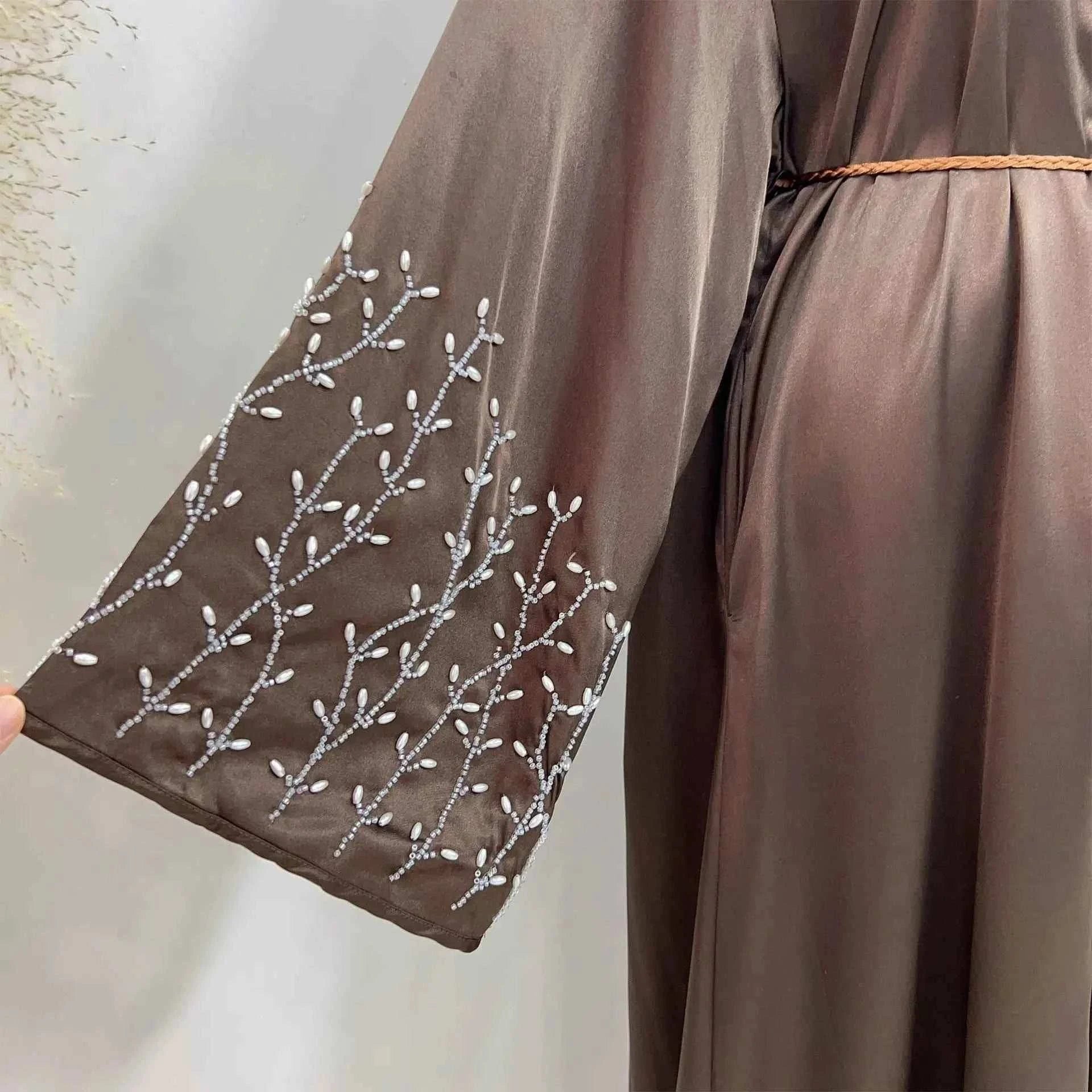 Handmade Beaded Abaya Cardigan – Luxury Satin Open Abaya -  Black with Hijab / XL -  Abaya Vida