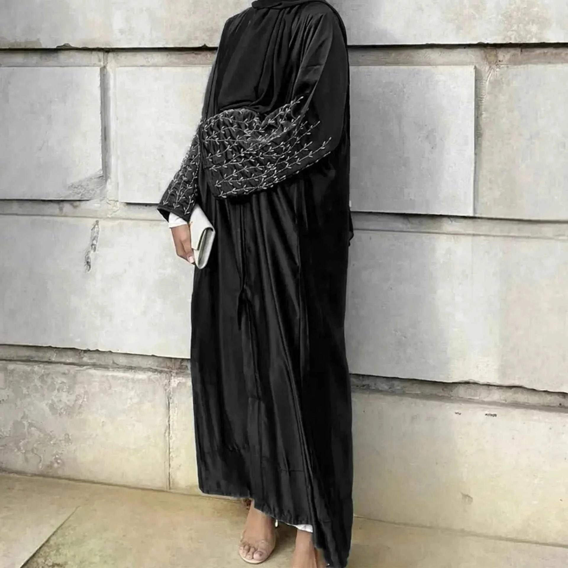 Handmade Beaded Abaya Cardigan – Luxury Satin Open Abaya -  Black with Hijab / XL -  Abaya Vida