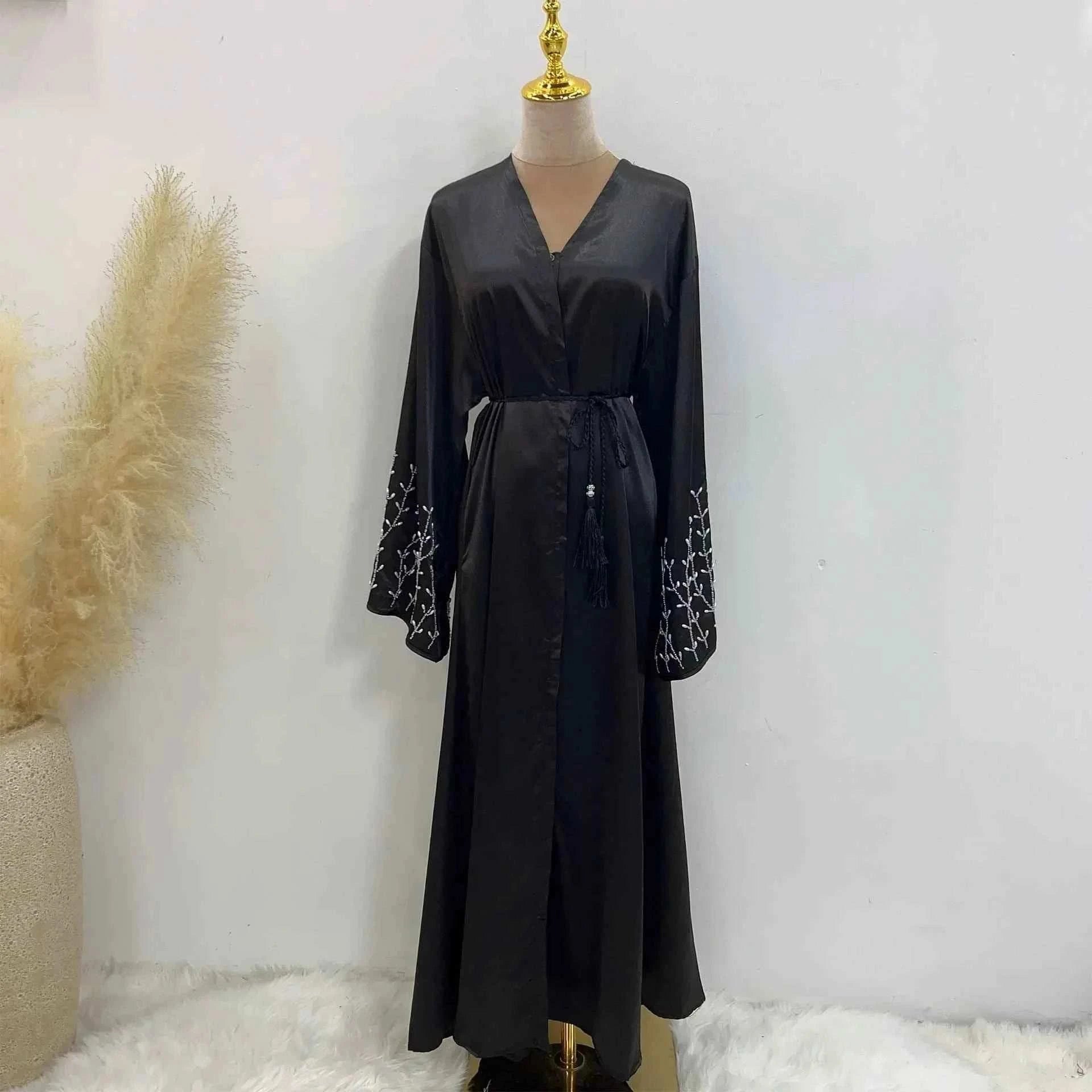 Handmade Beaded Abaya Cardigan – Luxury Satin Open Abaya -  Black with Hijab / XL -  Abaya Vida